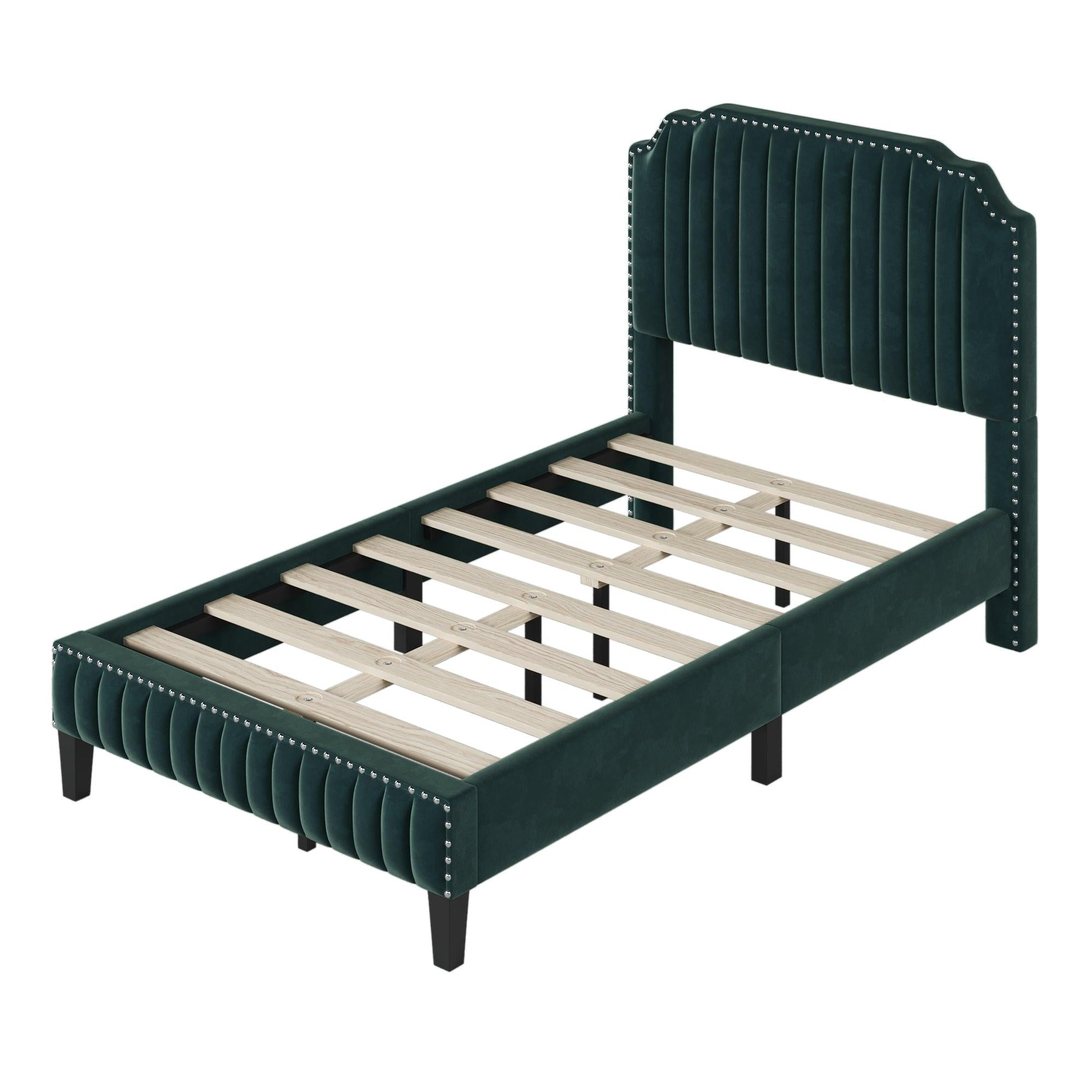 Modern Velvet Curved Upholstered Platform Bed , Solid Wood Frame , Nailhead Trim, Green (Full)