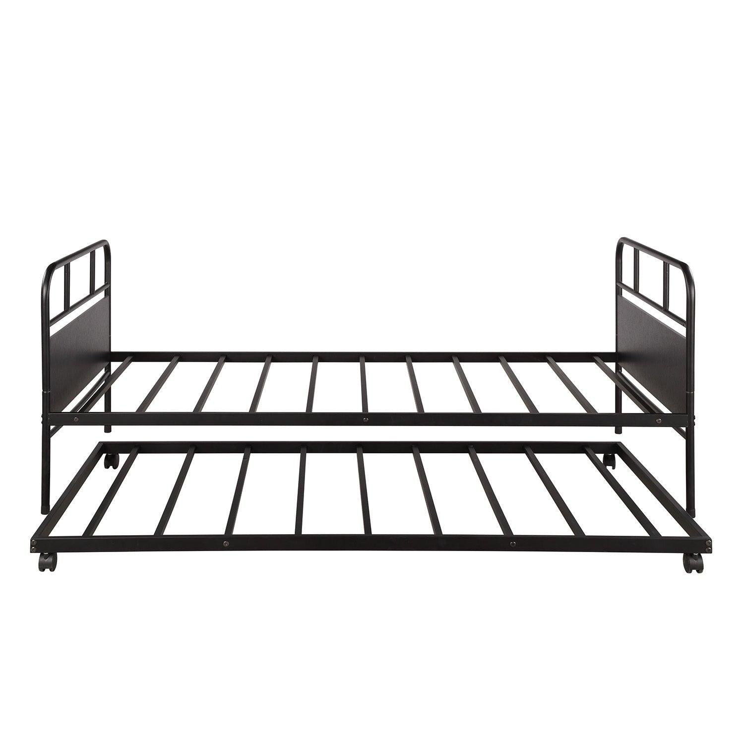 Metal Daybed Platform Bed Frame with Trundle Built-in Casters, Twin Size