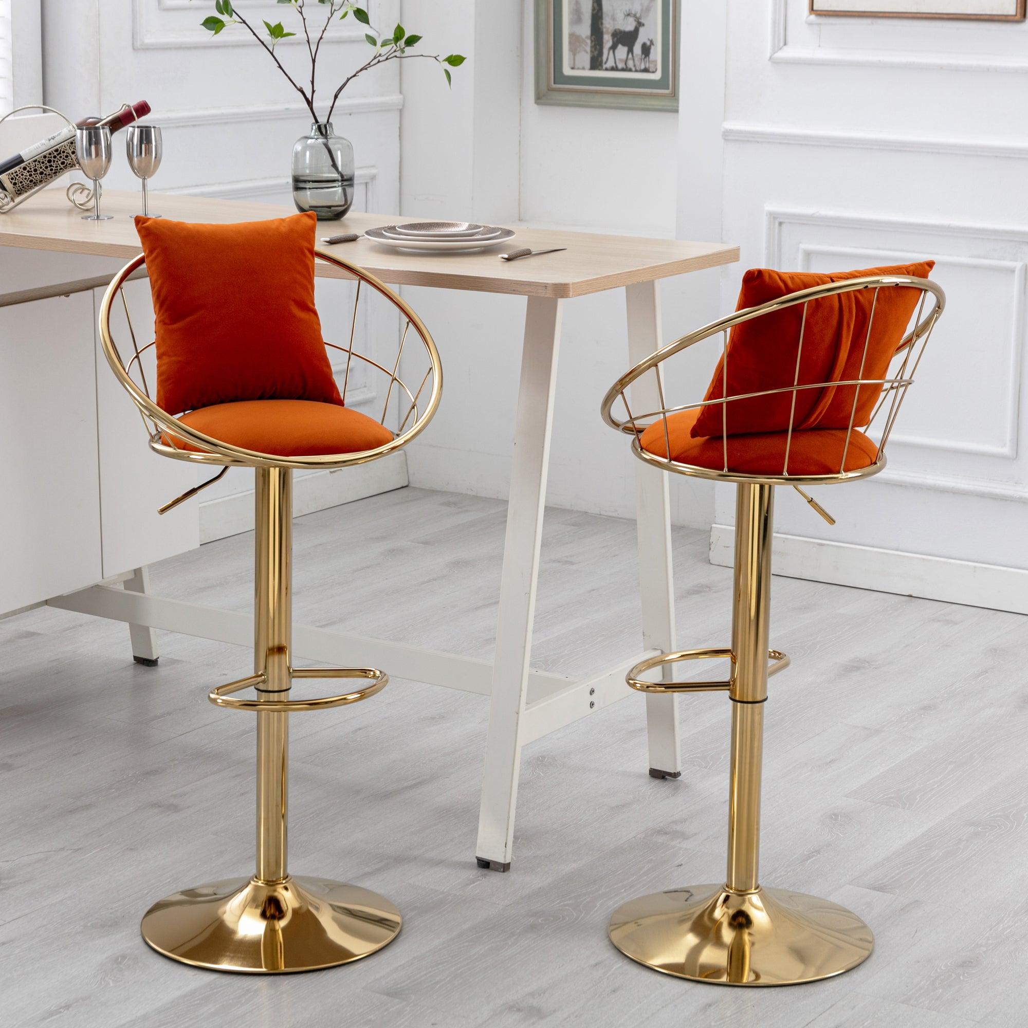 Orange velvet bar chair, pure gold plated, unique design，360 degree rotation, adjustable height，Suitable for dinning room and bar，set of 2