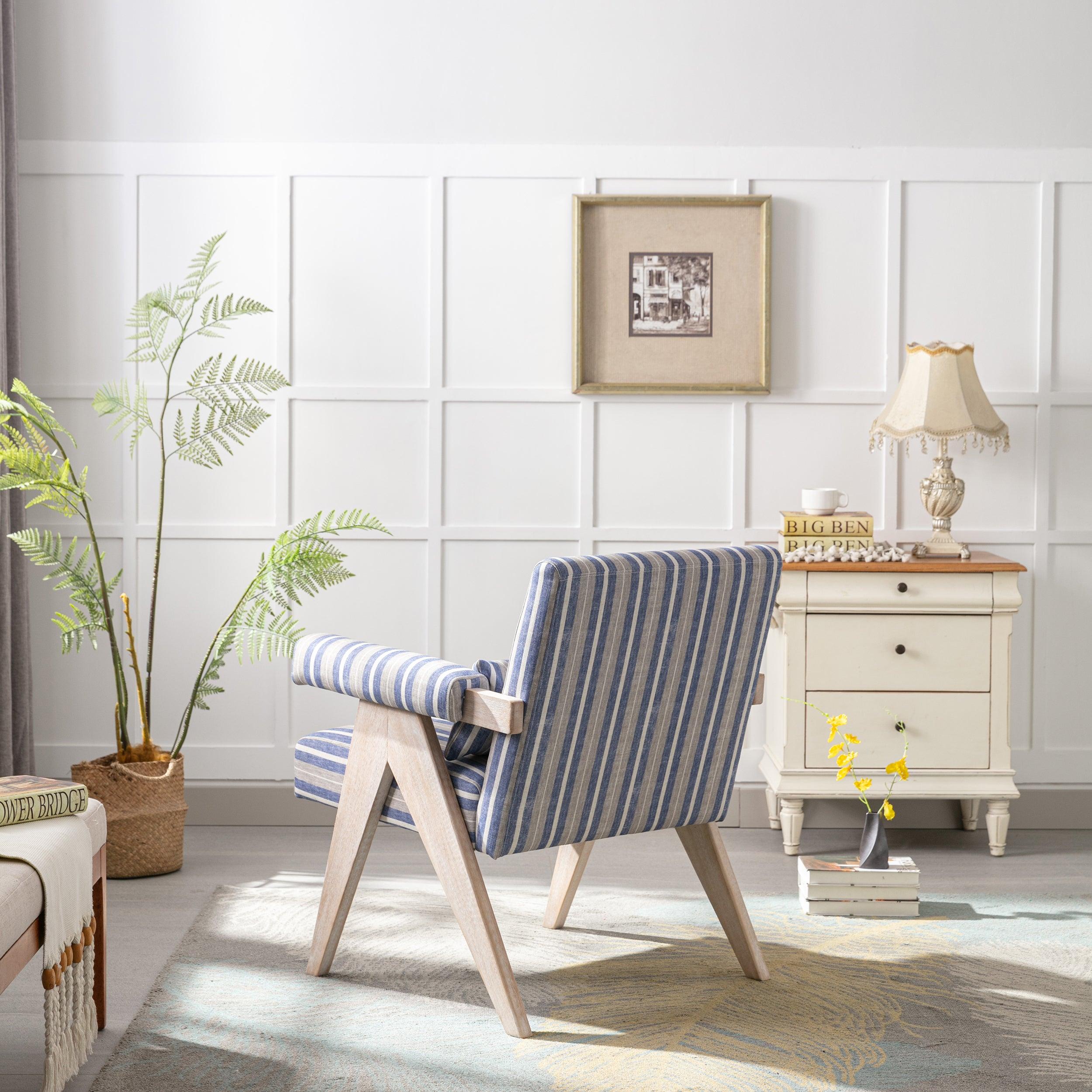 Accent chair, KD rubber wood legs with black finish. Fabric cover the seat. With a cushion.Blue Stripe