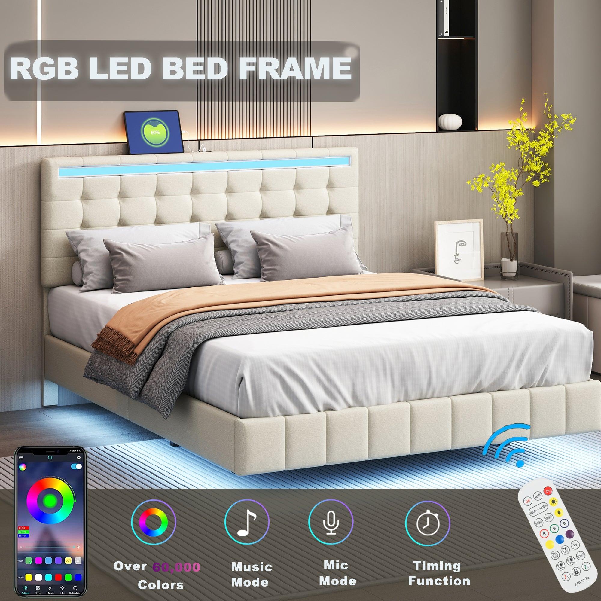 Queen Size Floating Bed Frame with LED Lights and USB Charging,Modern Upholstered Platform LED Bed Frame,Beige