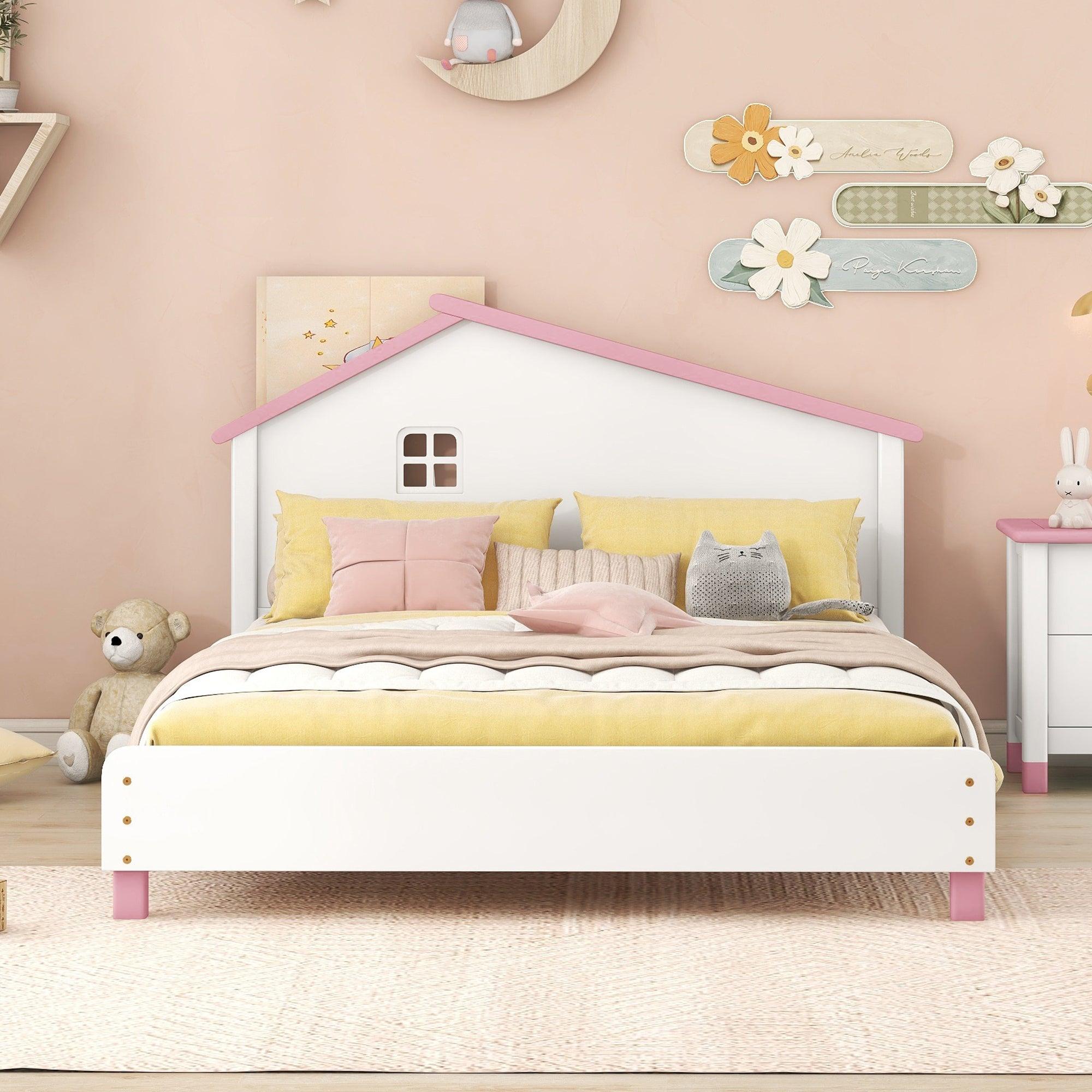 Full Size Wood Platform Bed with House-shaped Headboard  (White+Pink)