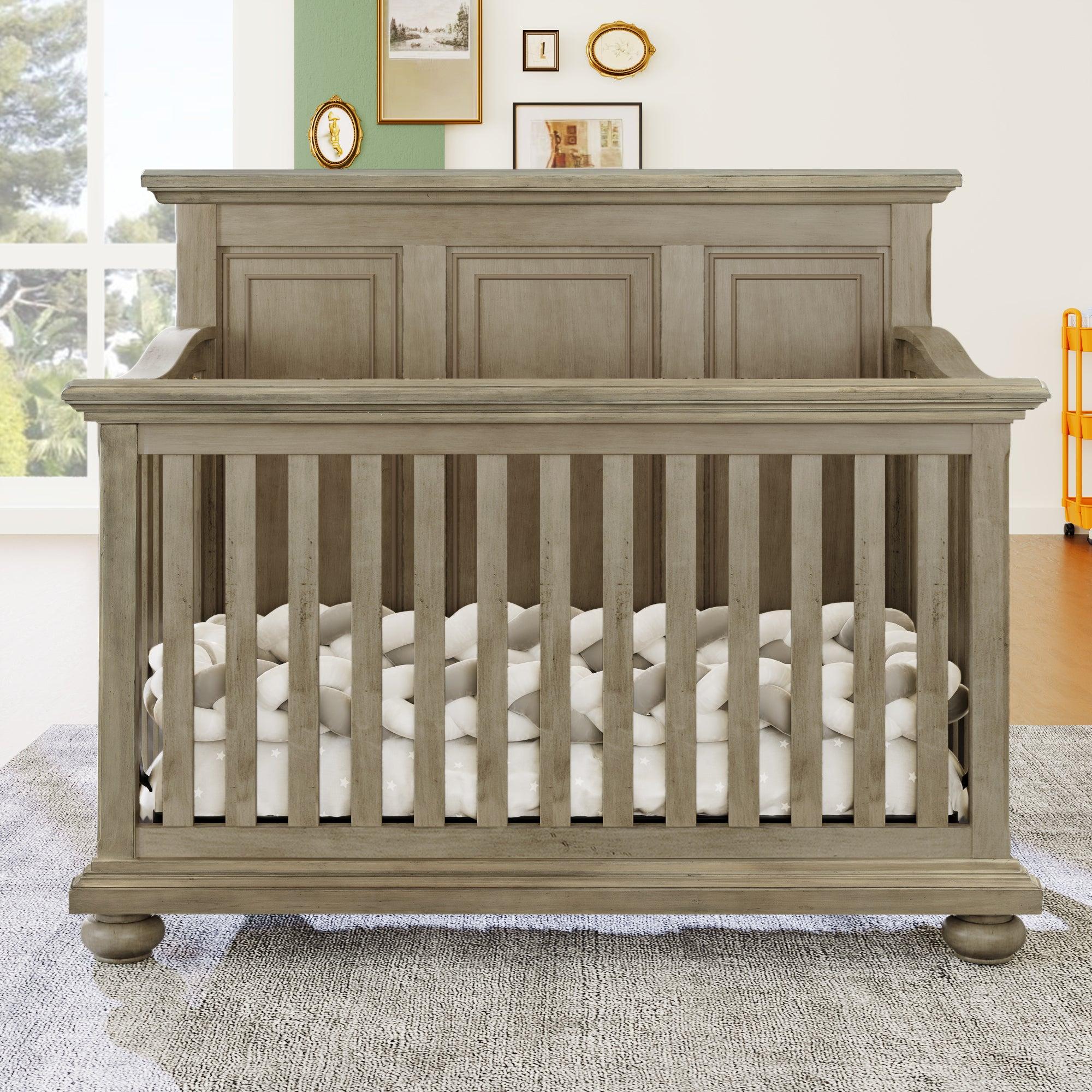 4 Pieces Nursery Sets Traditional Farmhouse Style 4-in-1 Convertible Crib + Nightstand + Dresser with Changing Topper, Stone Gray