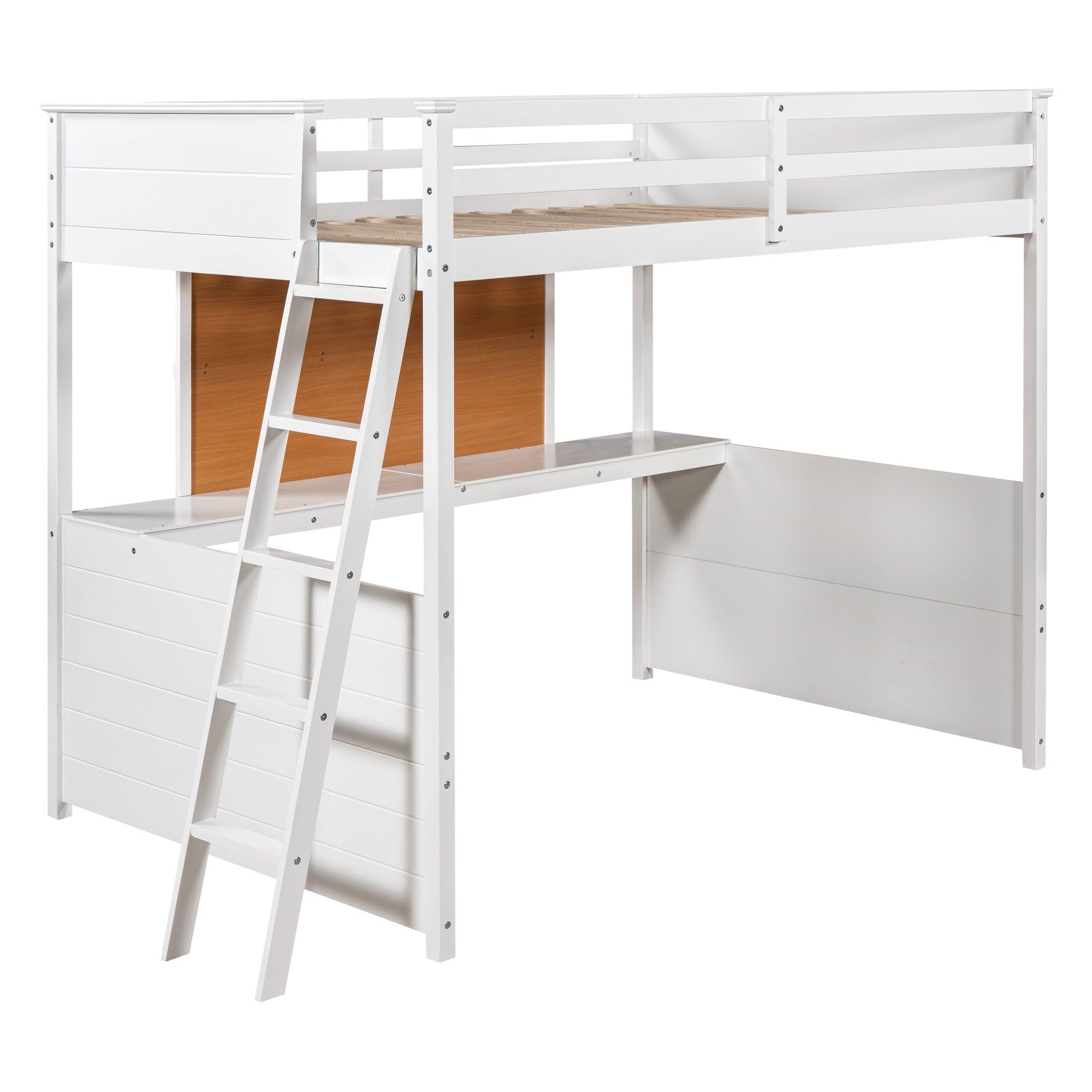 Full size Loft Bed with Desk and Writing Board, Wooden Loft Bed with Desk - White