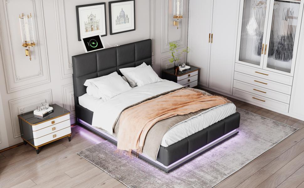 Tufted Upholstered Platform Bed with HydraulicStorage System,Queen Size PUStorage Bed with LED Lights and USB charger, Black