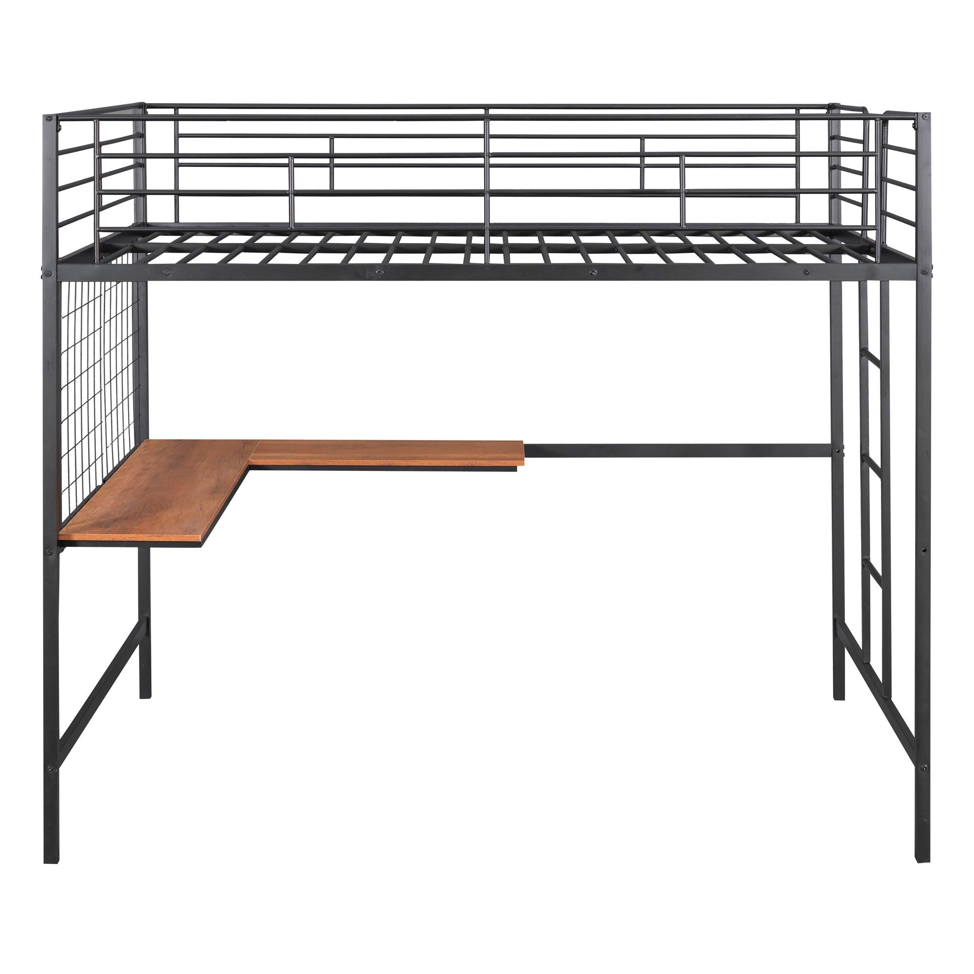 Full Metal Loft Bed with Desk and Metal Grid, Black