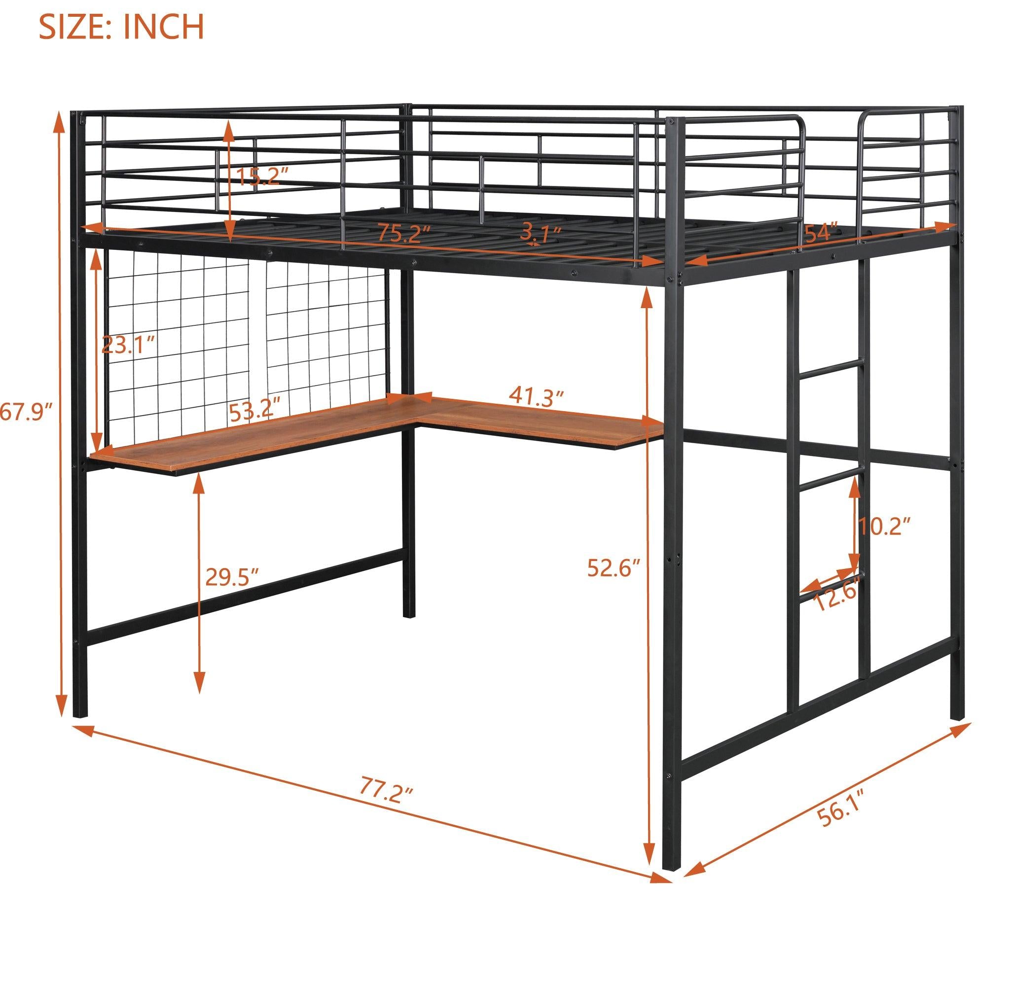 Full Metal Loft Bed with Desk and Metal Grid, Black