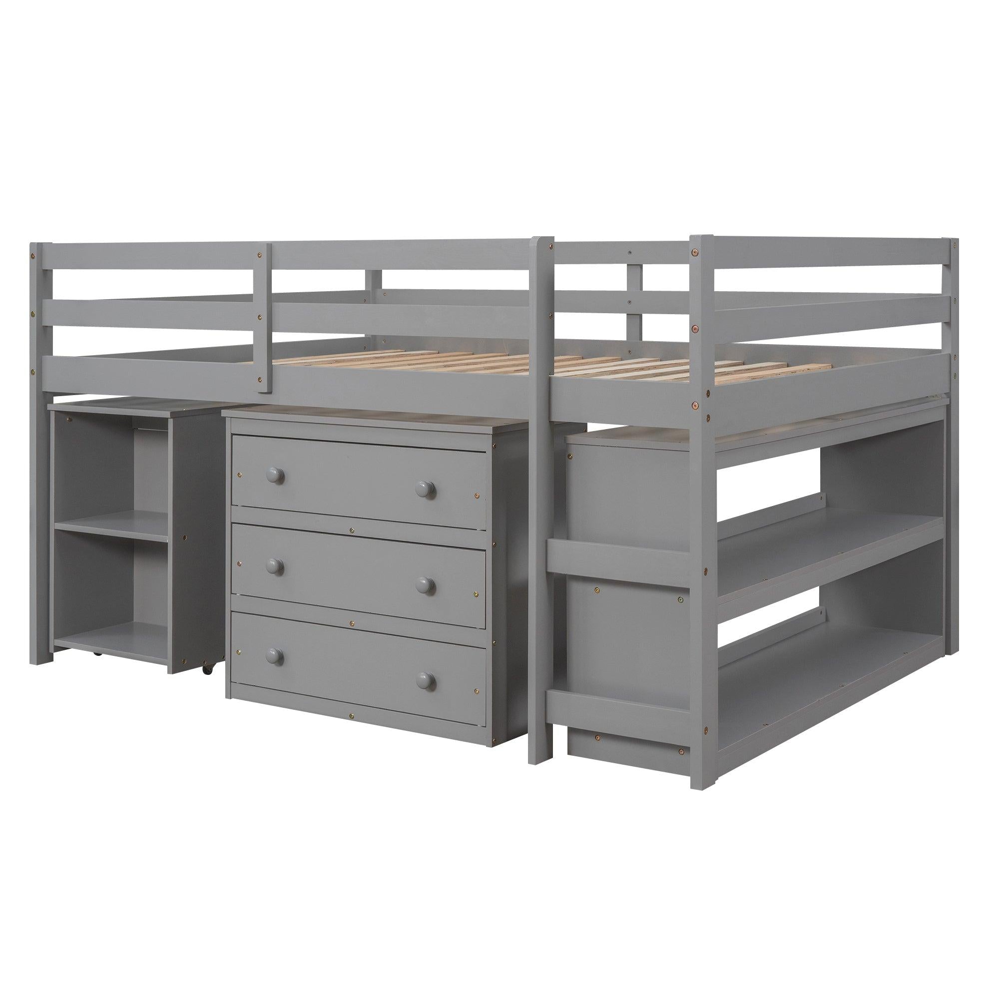 Low Study Full Loft Bed with Cabinet ,Shelves and Rolling Portable Desk ,Multiple Functions Bed- Gray