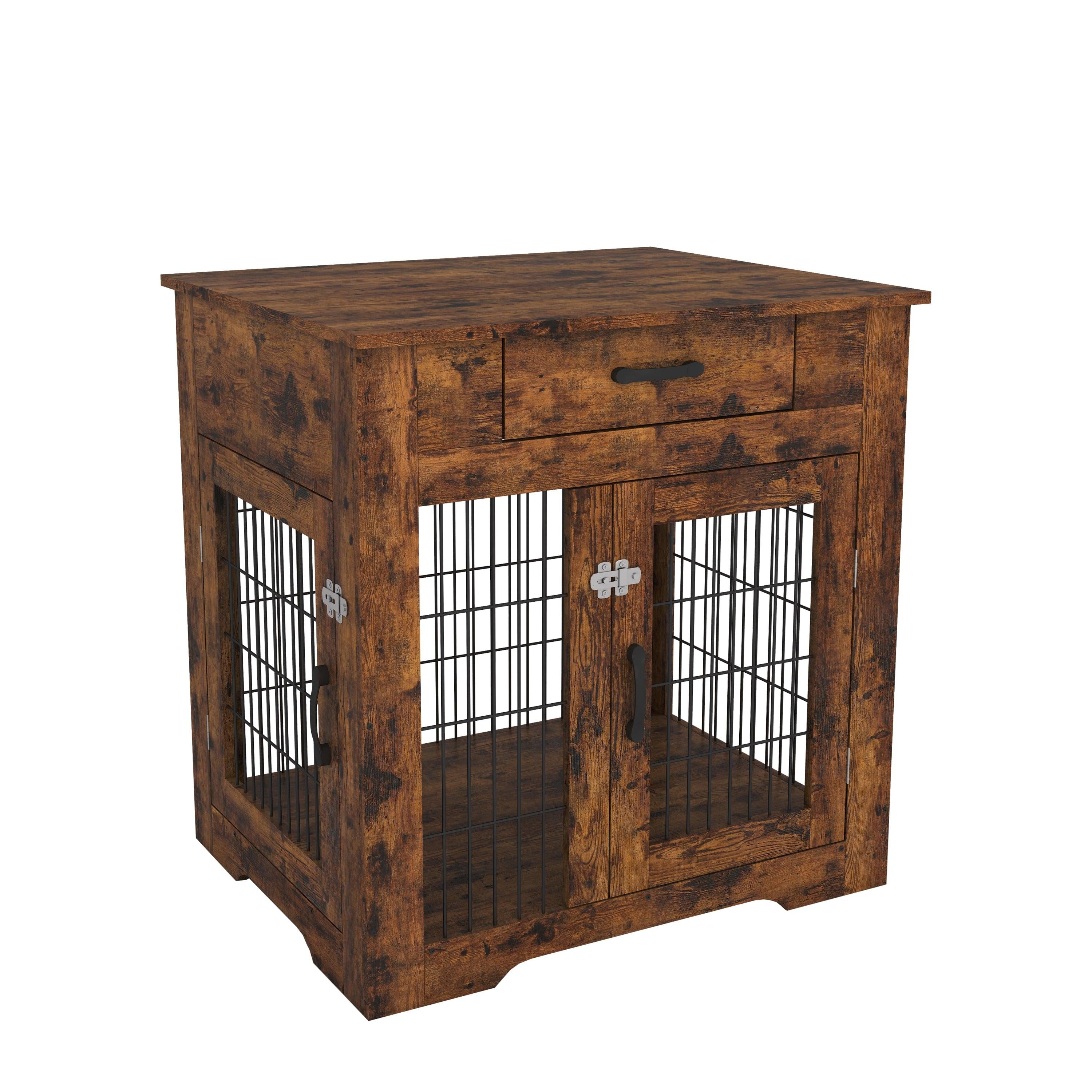 Furniture Style Dog Crate End Table with Drawer, Pet Kennels with Double Doors , Dog House Indoor Use, （Rustic Brown，29.92”w x 24.80”d x 30.71”h）