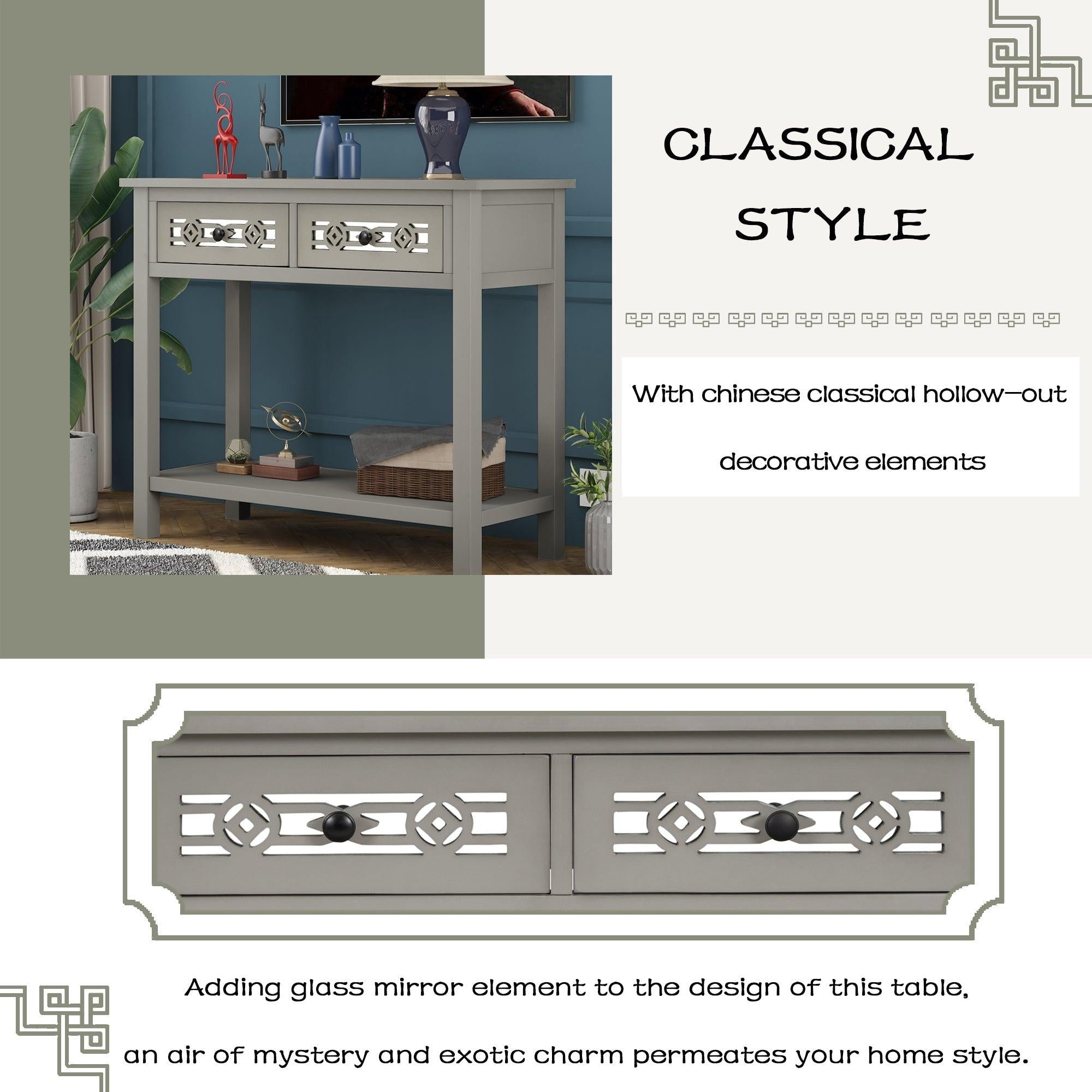 Classic Console Table with Hollow-out Decoration Two Top Drawers and Open Shelf LargeStorage Space (Silver)