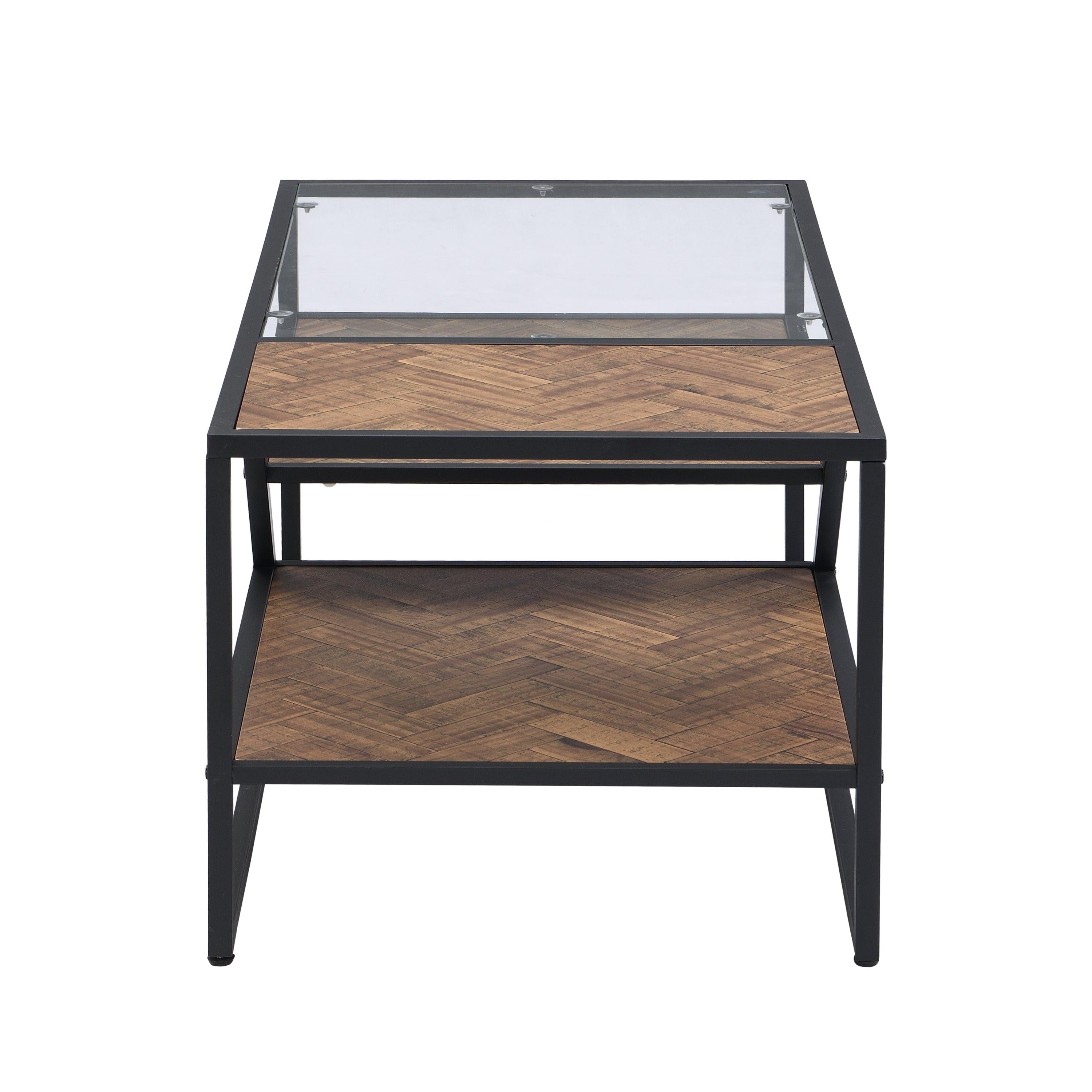 Black Side Table, End Table withStorage Shelf, Tempered Glass Coffee Table with Metal Frame for Living Room&Bed Room