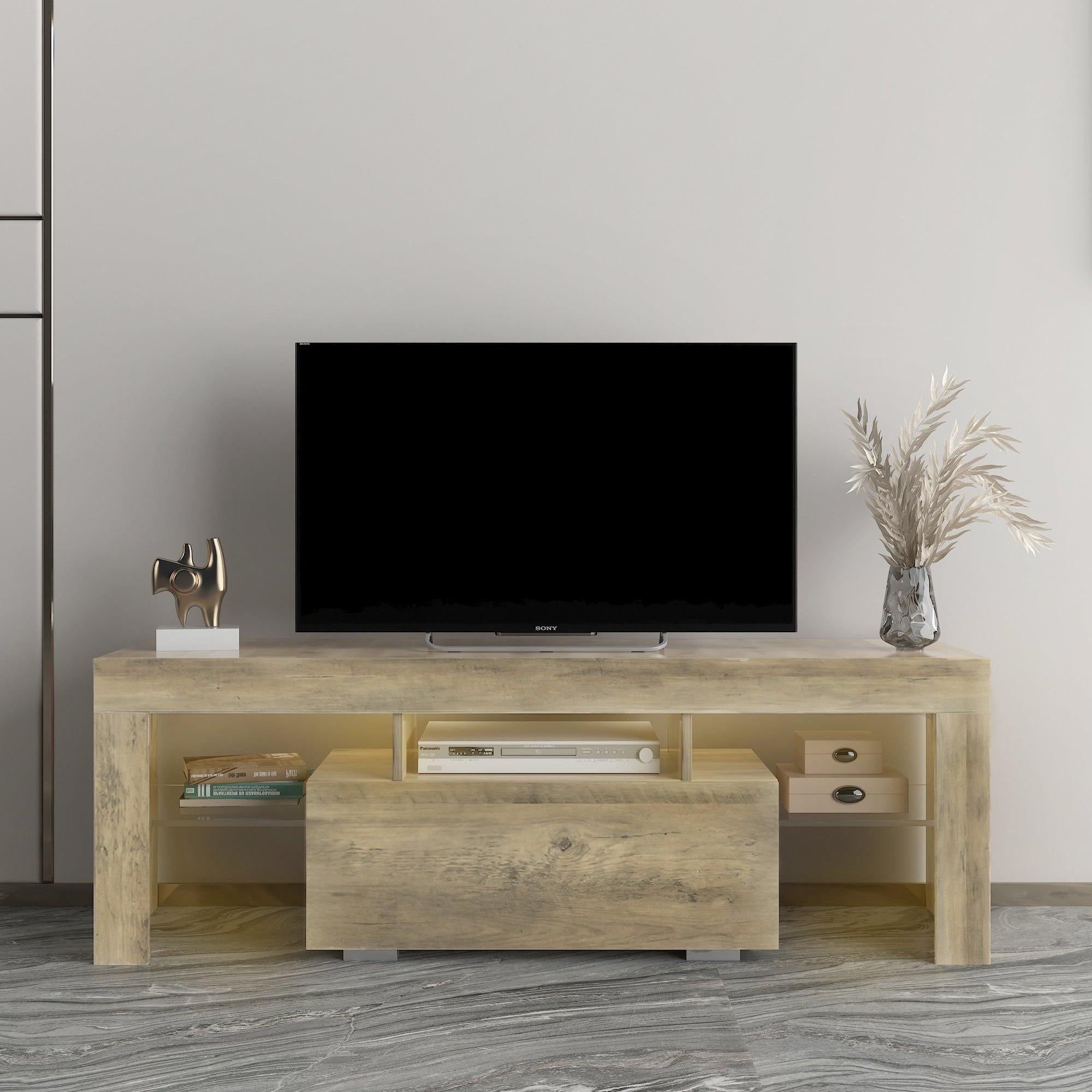 TV Stand with LED RGB Lights,Flat Screen TV Cabinet, Gaming Consoles - in Lounge Room, Living Room,WOOD