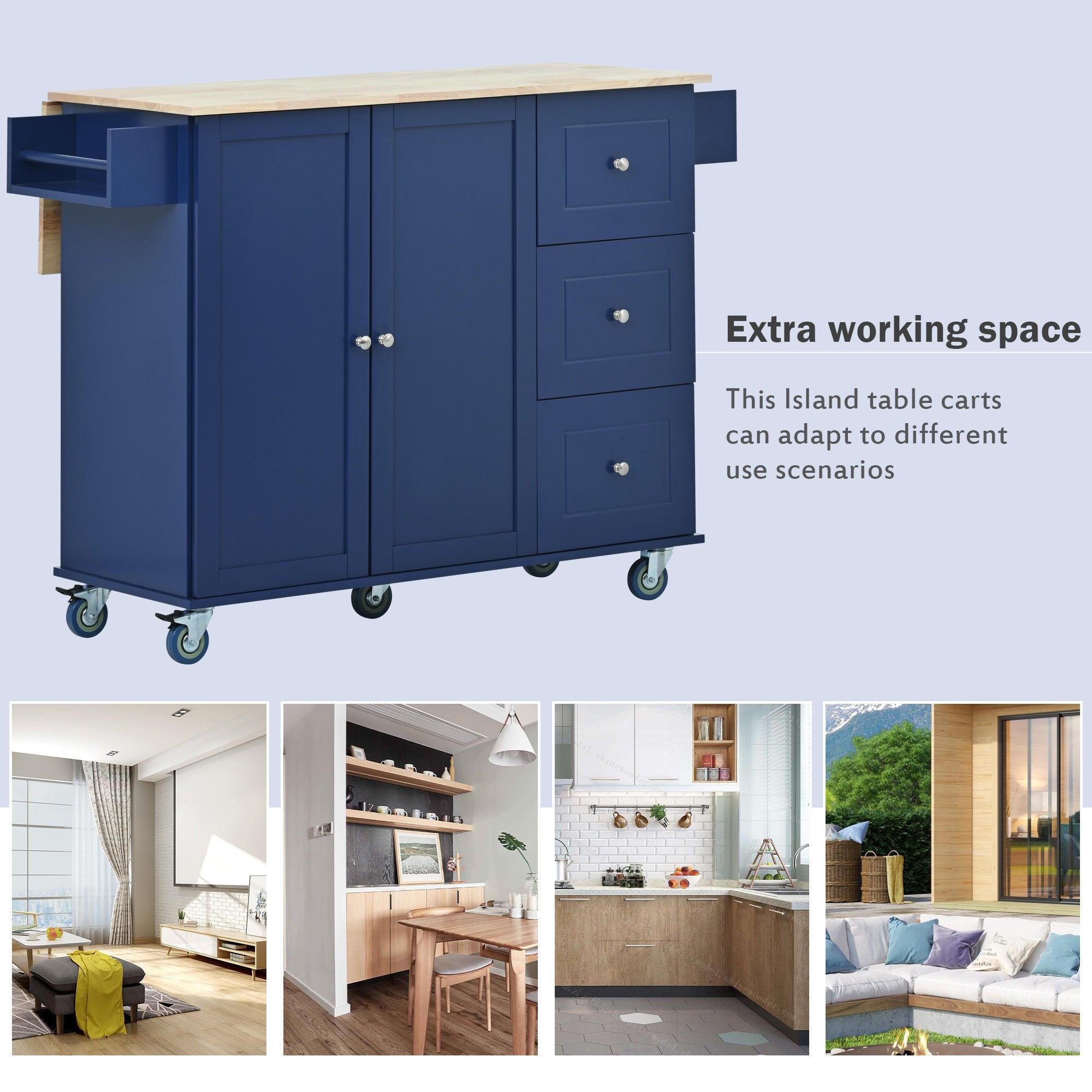 Rolling Mobile Kitchen Island with Drop Leaf - Solid Wood Top, Locking Wheels &Storage Cabinet 52.7 Inch Width（Dark blue）