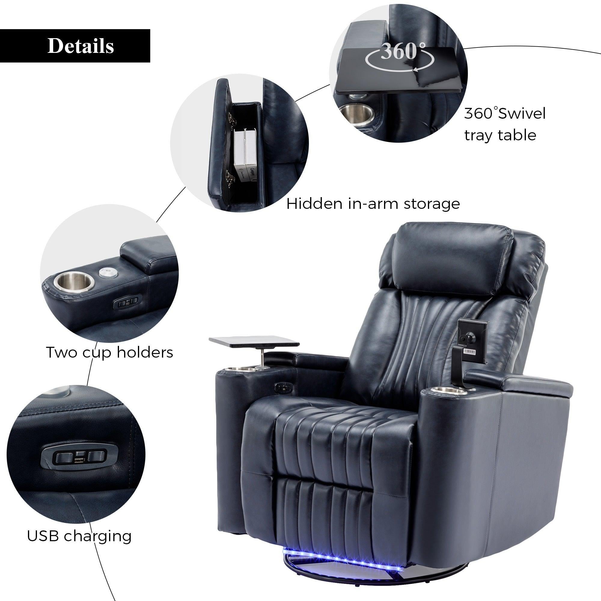 270° Power Swivel Recliner,Home Theater Seating With Hidden ArmStorage and  LED Light Strip,Cup Holder,360° Swivel Tray Table,and Cell Phone Holder,Soft Living Room Chair,Blue