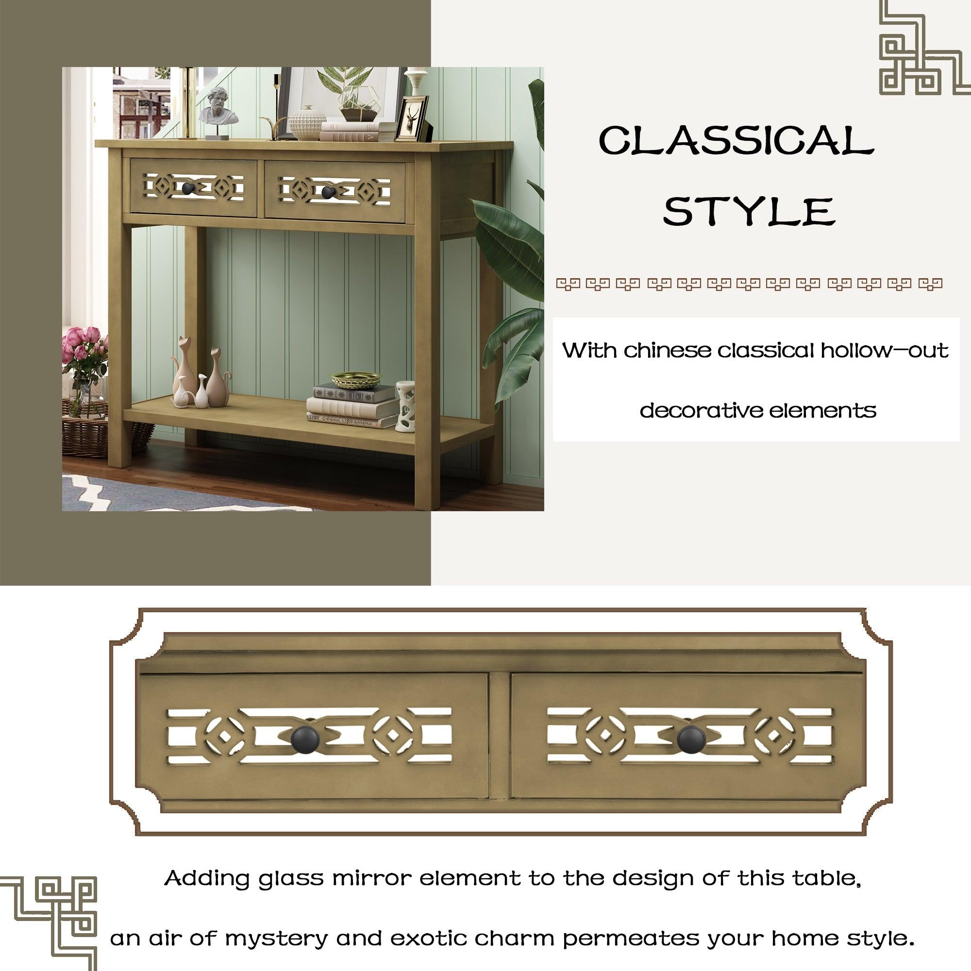 Classic Console Table with Hollow-out Decoration Two Top Drawers and Open Shelf LargeStorage Space (ld)