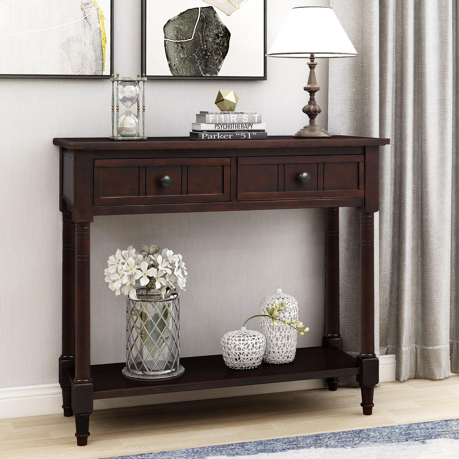 Daisy Series Console Table Traditional Design with Two Drawers and Bottom Shelf (Espresso)