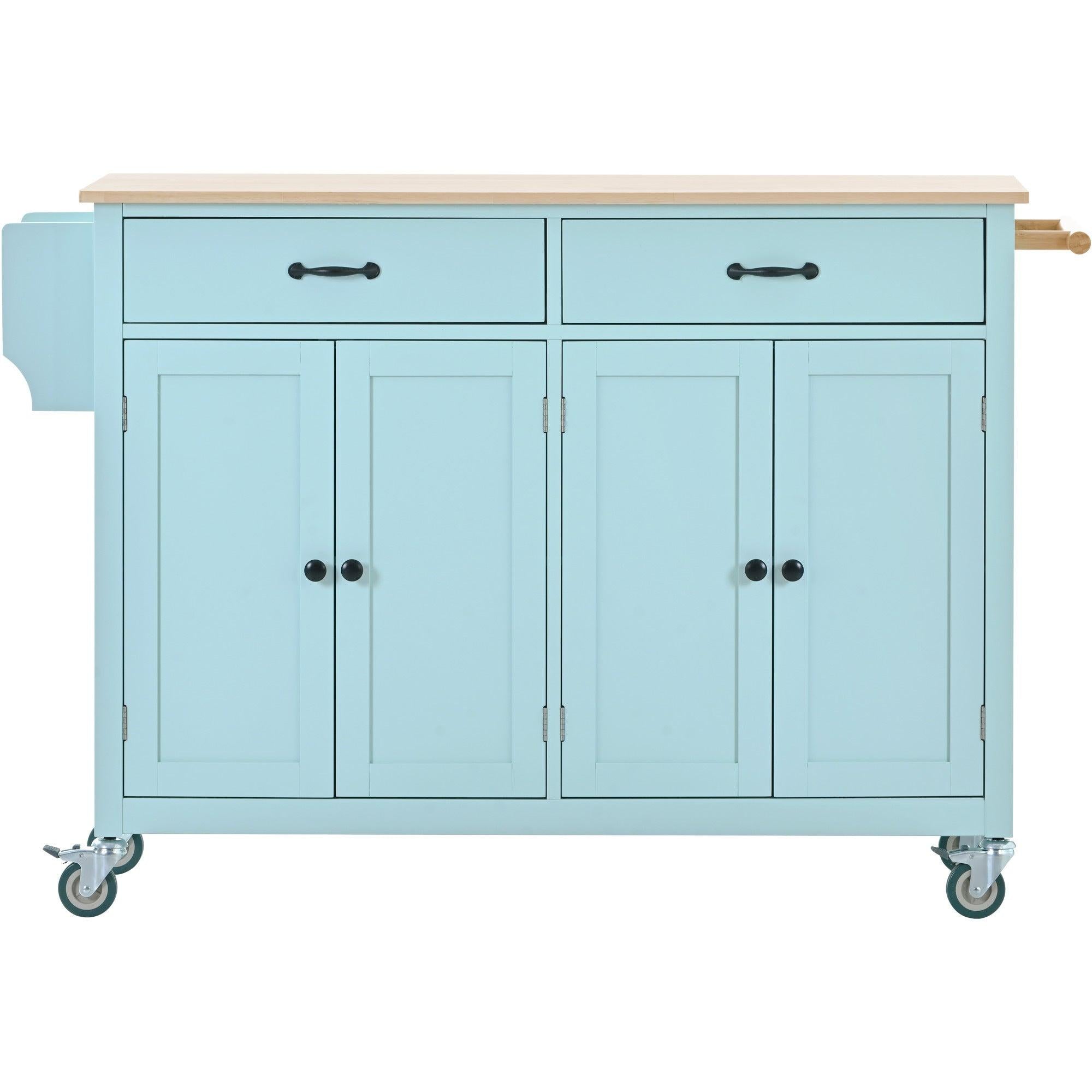 Kitchen Island Cart with 4 Door Cabinet and Two Drawers and 2 Locking Wheels - Solid Wood Top, Adjustable Shelves, Spice & Towel Rack（Mint Green）