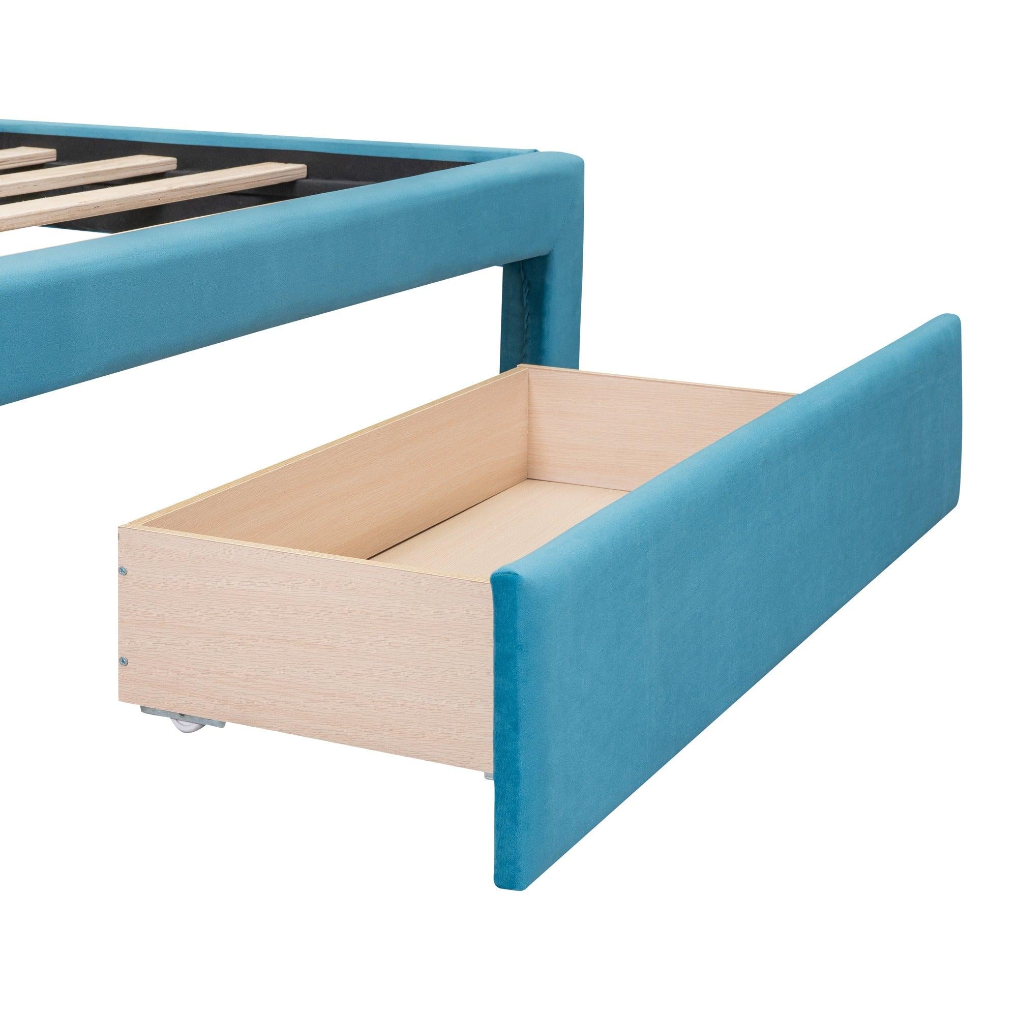 Full SizeStorage Bed Velvet Upholstered Platform Bed with a Big Drawer - Blue