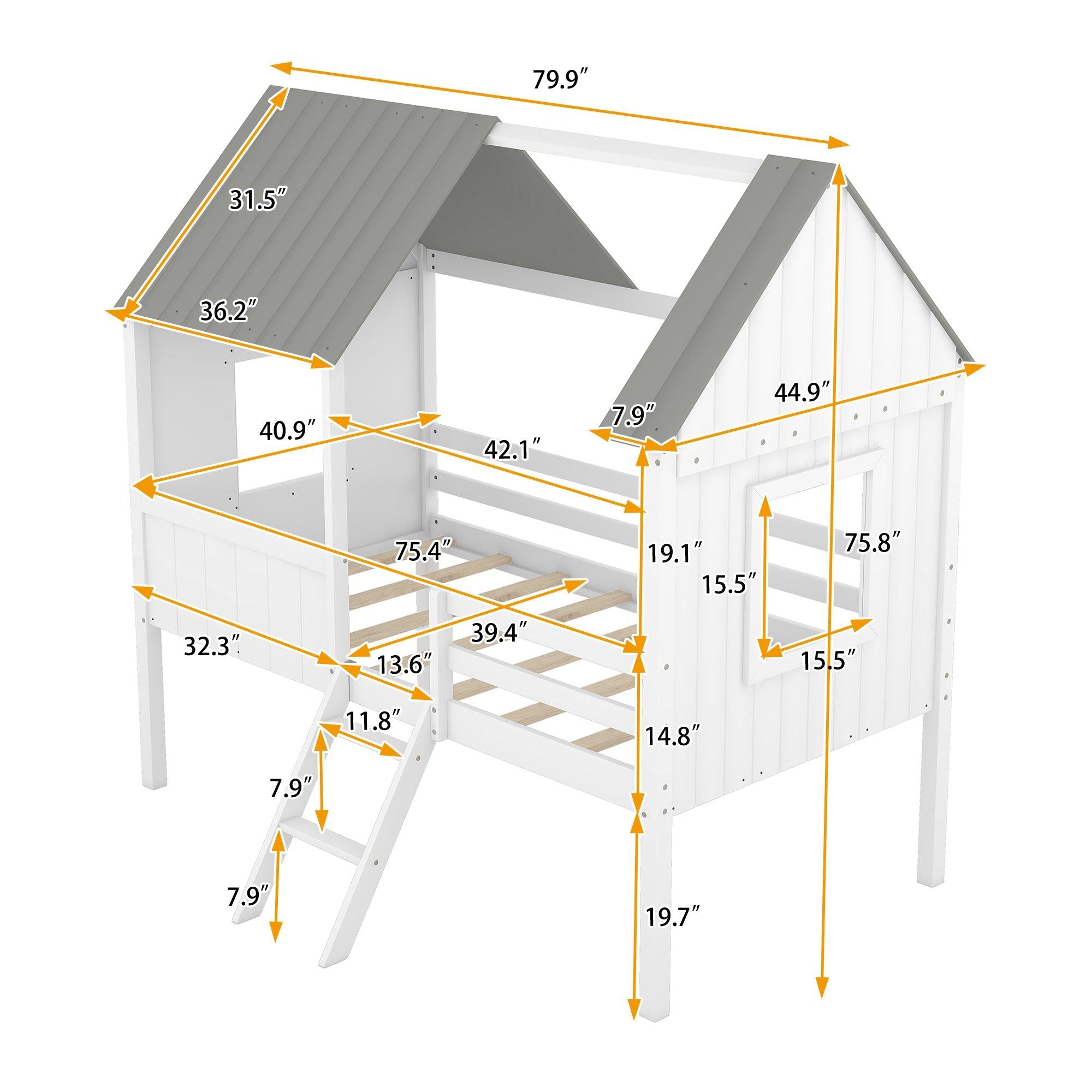 Twin Size Low Loft Wood House Bed with Two Side Windows  (White+Gray)