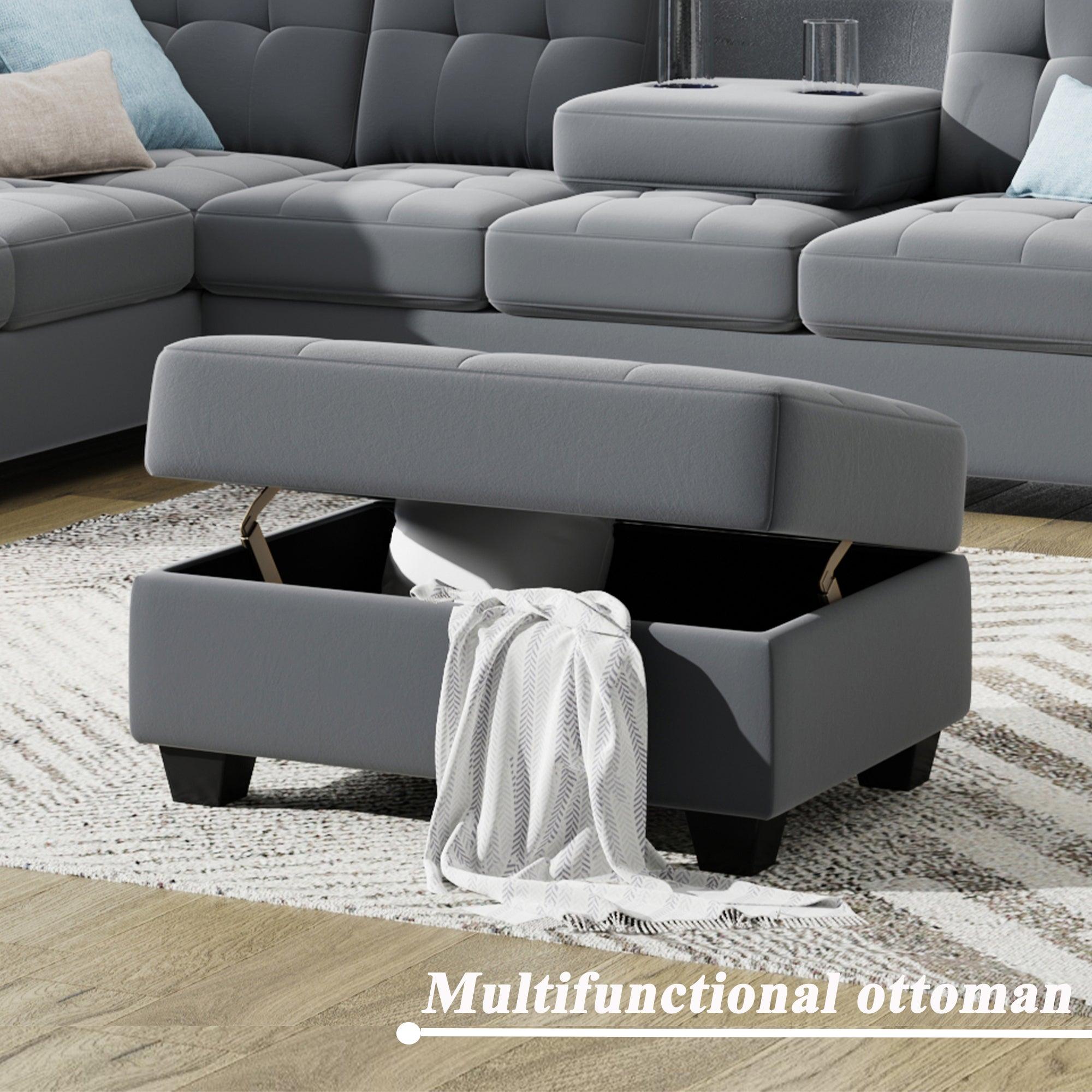 Sectional Sofa with Reversible Chaise Lounge, L-Shaped Couch withStorage Ottoman and Cup Holders