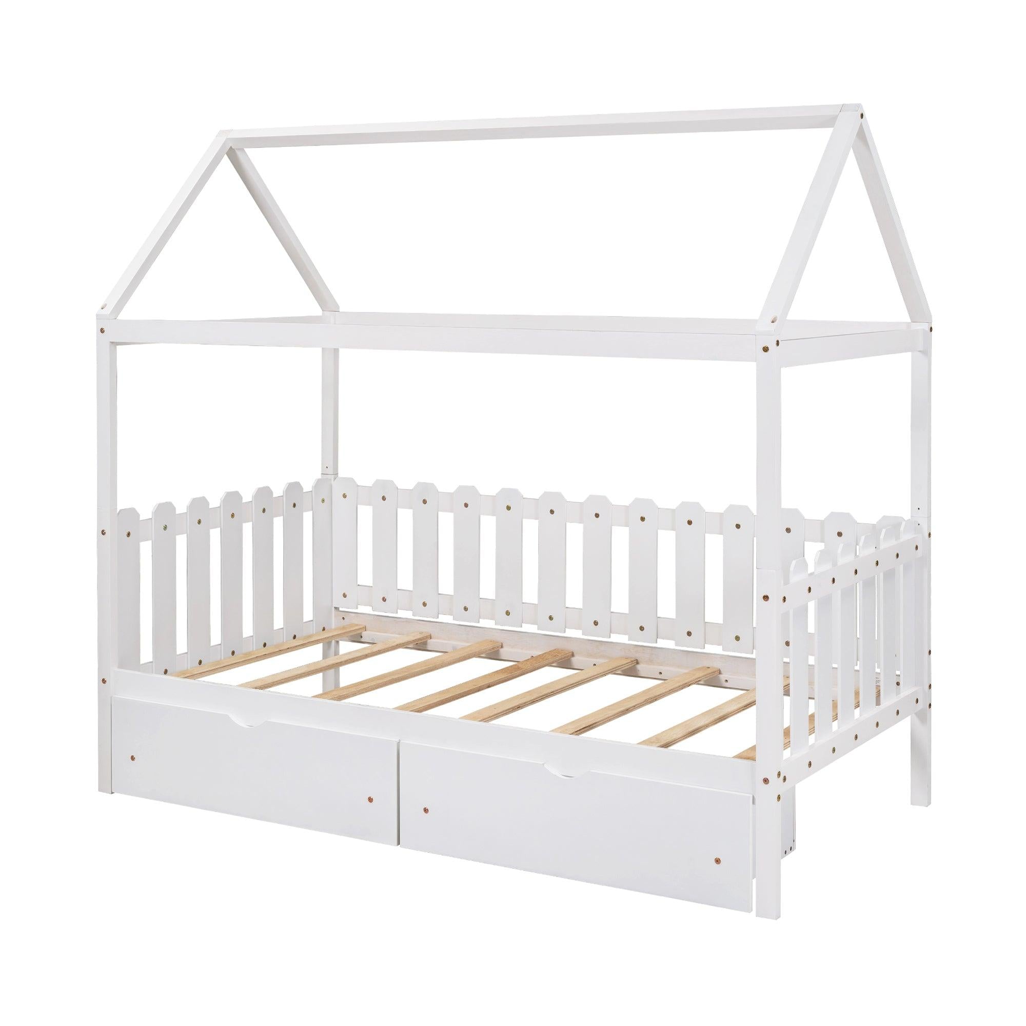 Twin Size House Bed with drawers, Fence-shaped Guardrail, White