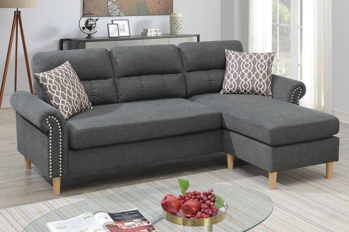 Slate Color Polyfiber Reversible Sectional Sofa Set Chaise Pillows Plush Cushion Couch Nailheads