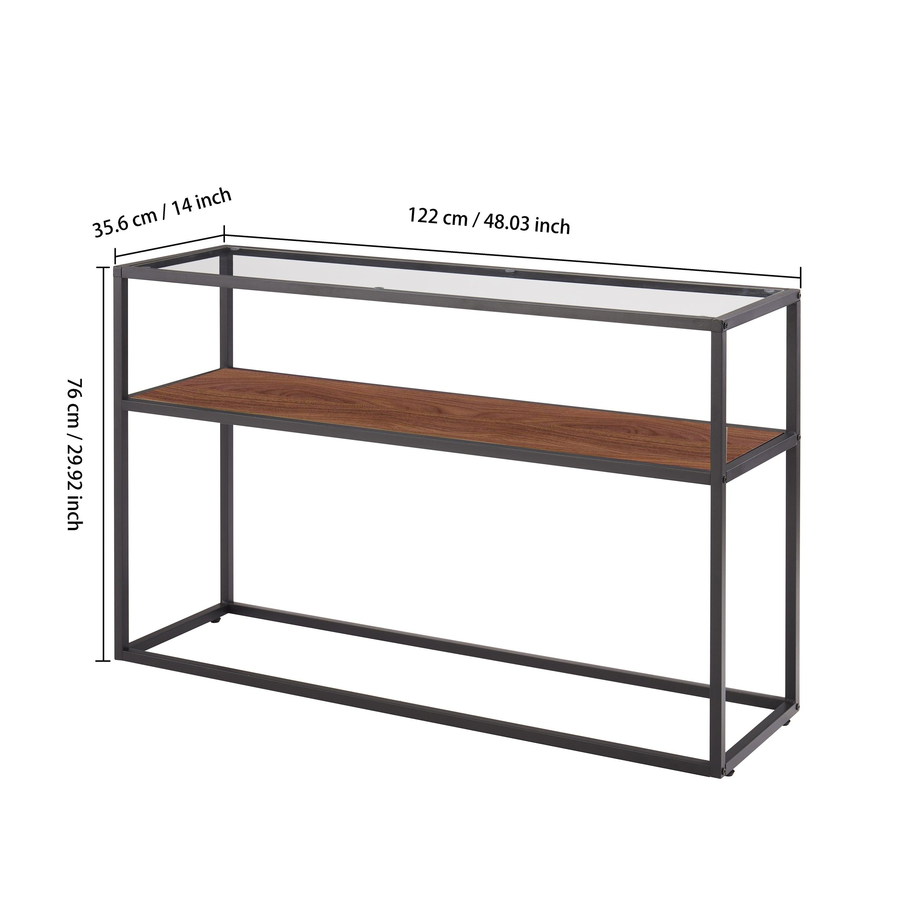 48.03" Glass Console Sofa Table,Modern Open Hallway Table, Narrow Entryway Table,  2 Shelves Couch Side Table with Adjustable Feet,Black Metal Reversable Walnut and Cement ash