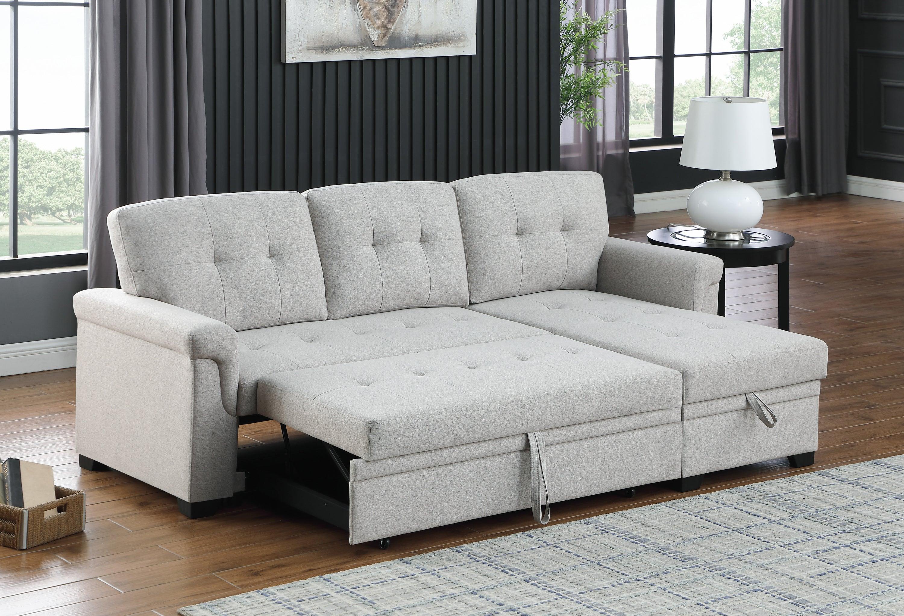 Lucca Light Gray Linen Reversible Sleeper Sectional Sofa withStorage Chaise