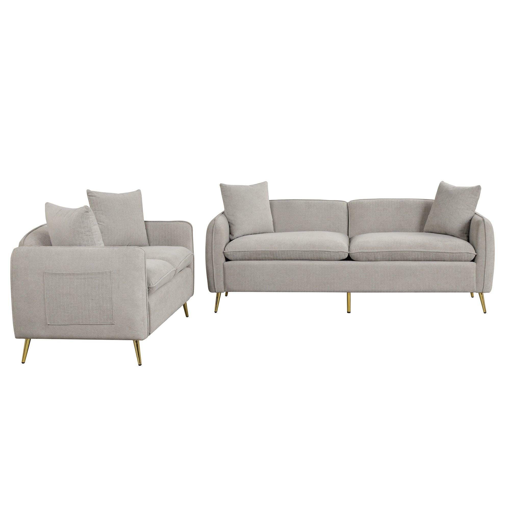 2 Piece Velvet Upholstered Sofa Sets,Loveseat and 3 Seat Couch Set Furniture with 2 Pillows and lden Metal Legs for Different Spaces,Living Room,Apartment,Gray