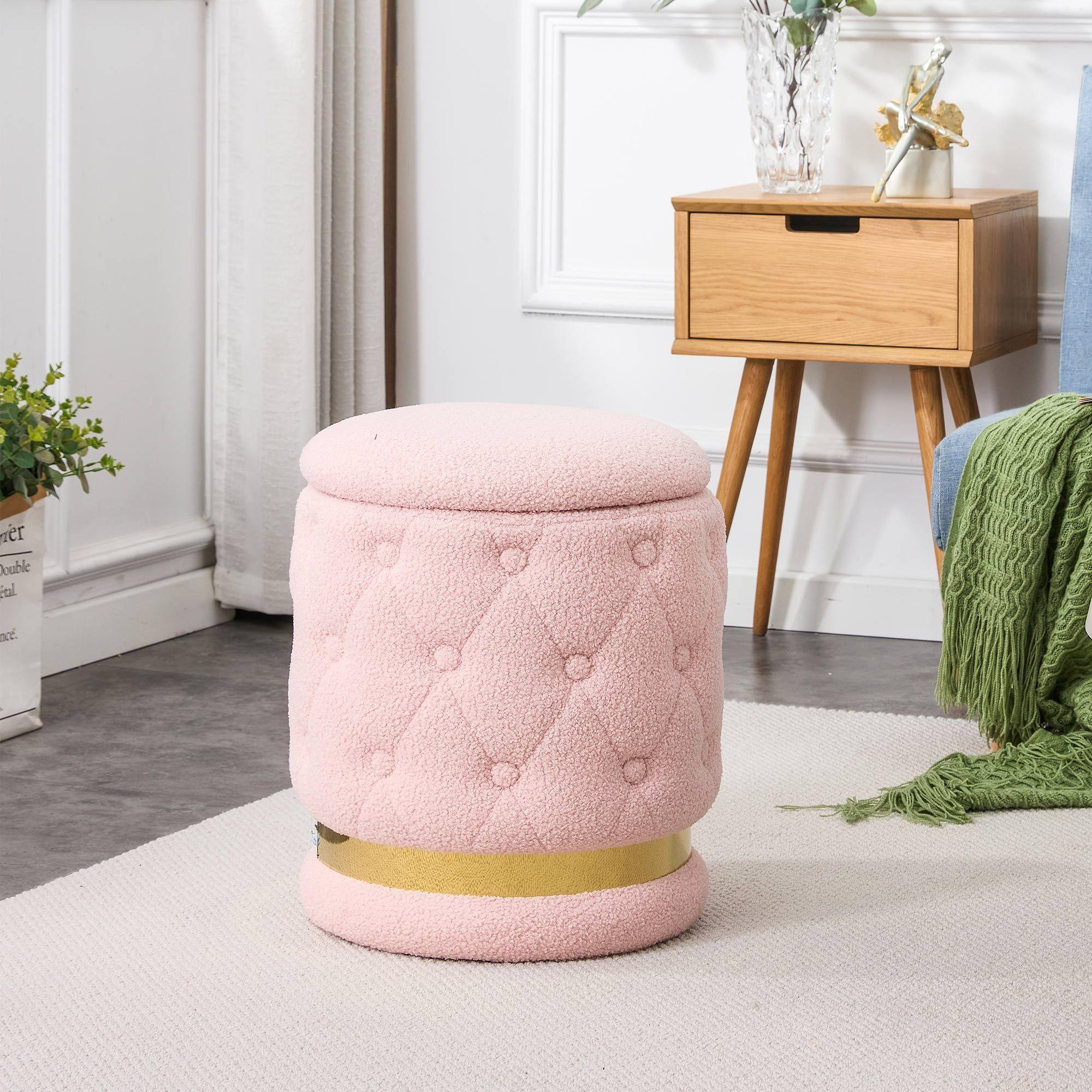 Chair Pink Round-shape Teddy velvet Makeup Stool Footstool, chair withStorage space .Applicable to living room dresser kitchen bedroom dining room