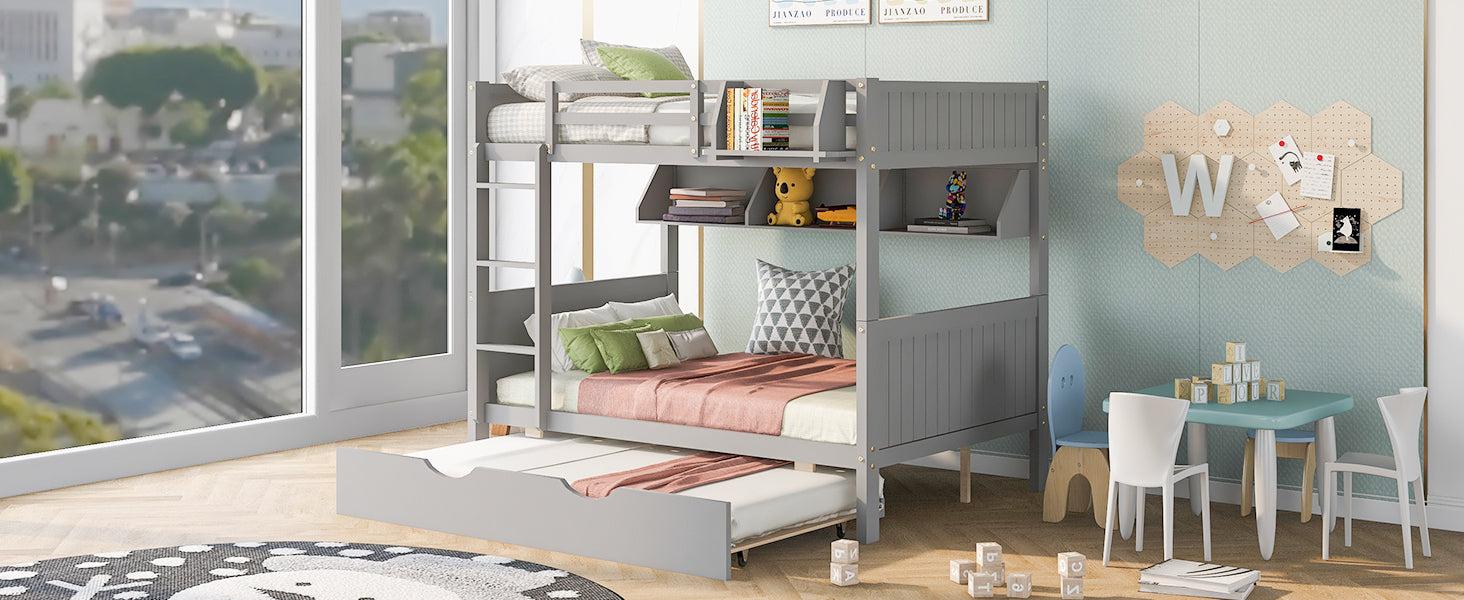 Full-Over-Full Bunk Bed with Twin size Trundle , Separable Bunk Bed with Bookshelf for Bedroom-Gray