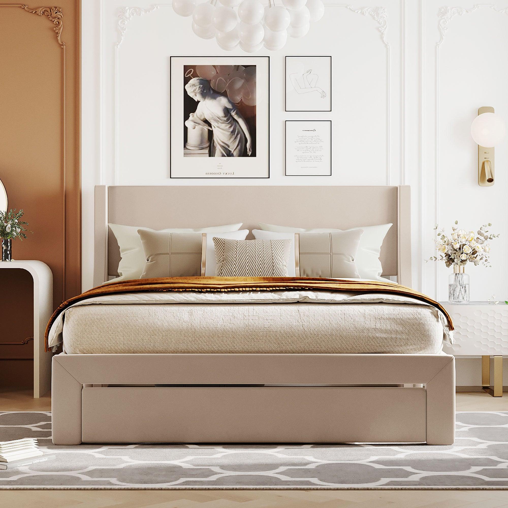 Queen SizeStorage Bed Velvet Upholstered Platform Bed with a Big Drawer - Beige