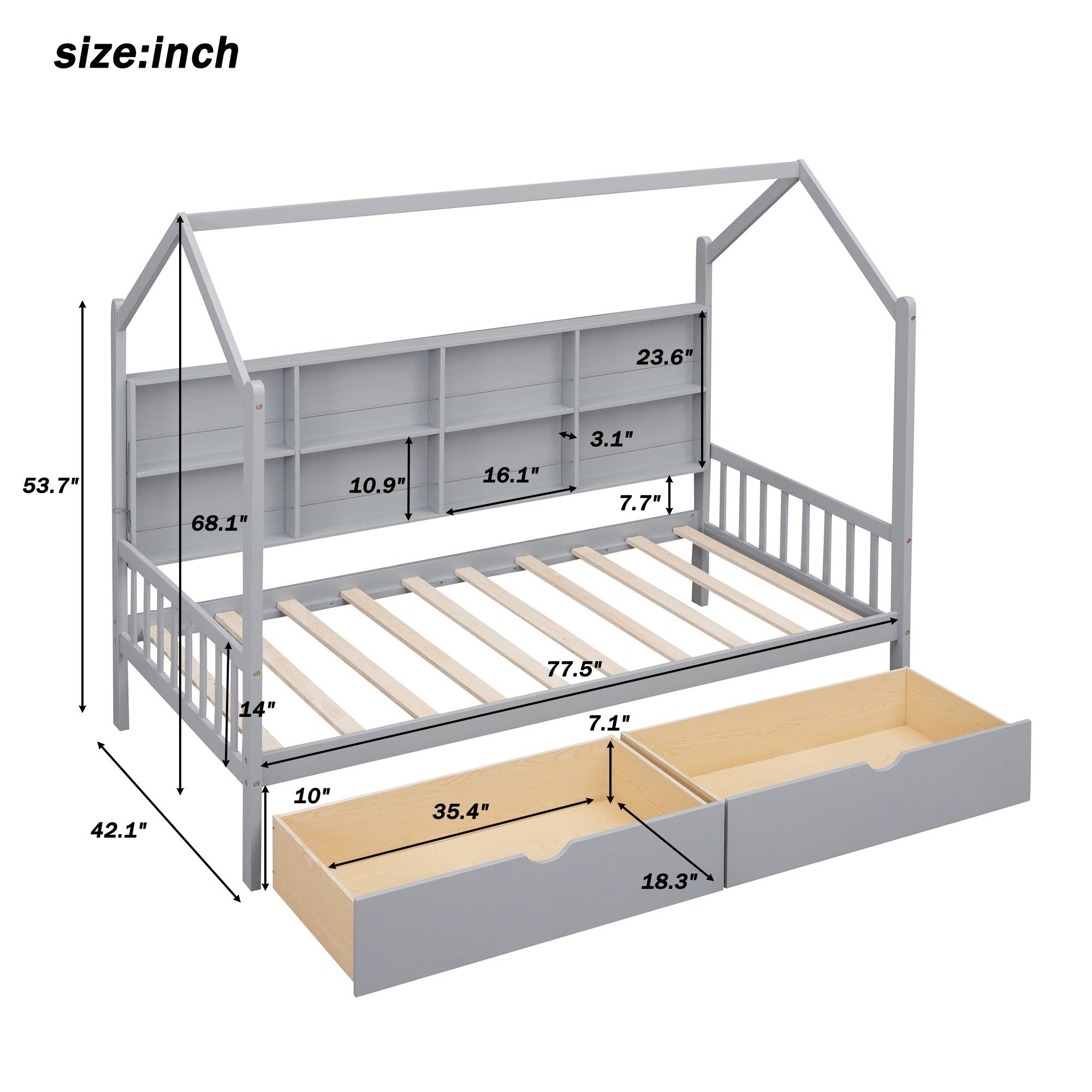 Wooden Twin Size House Bed with 2 Drawers,Kids Bed withStorage Shelf, Gray