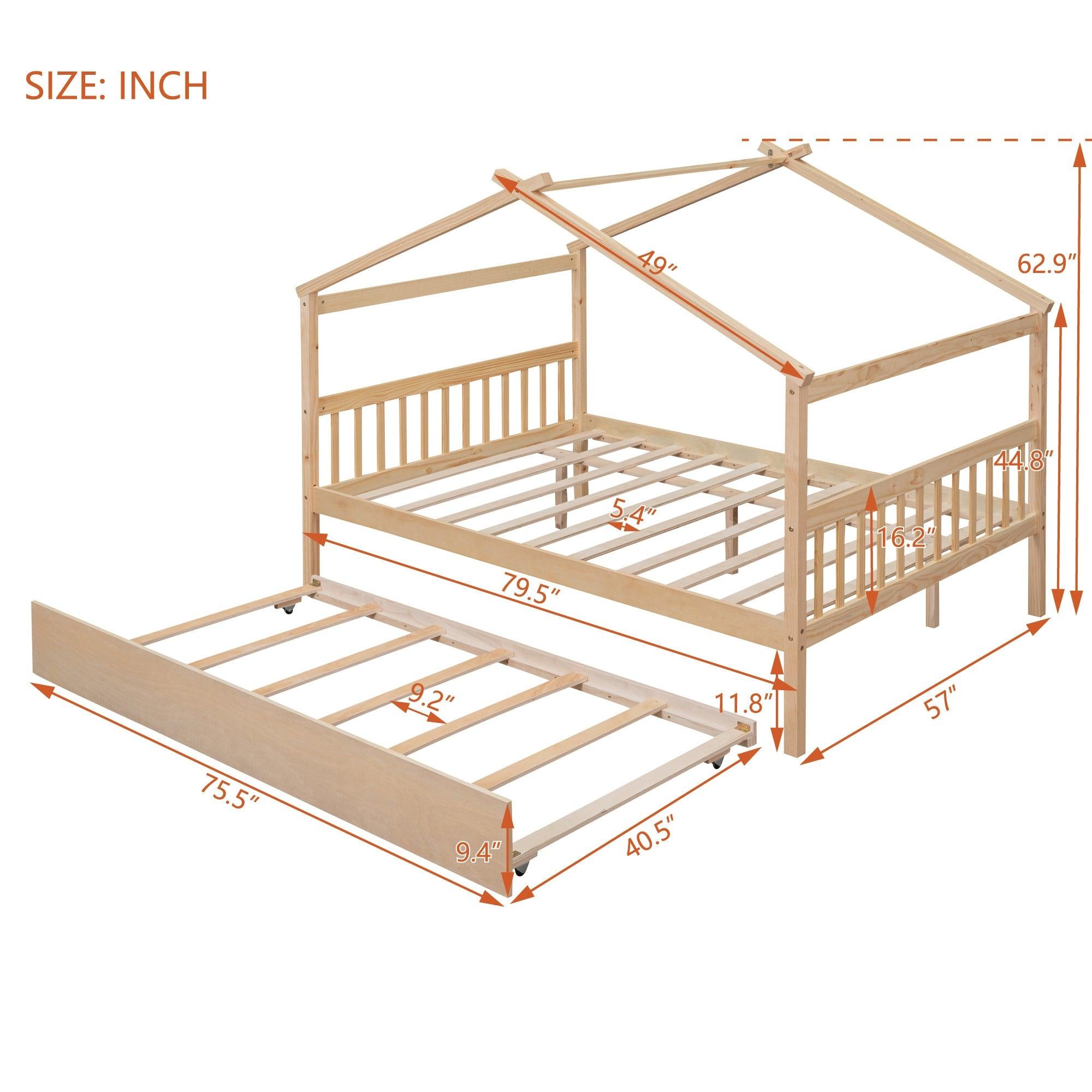 Full Size Wooden House Bed with Twin Size Trundle, Natural