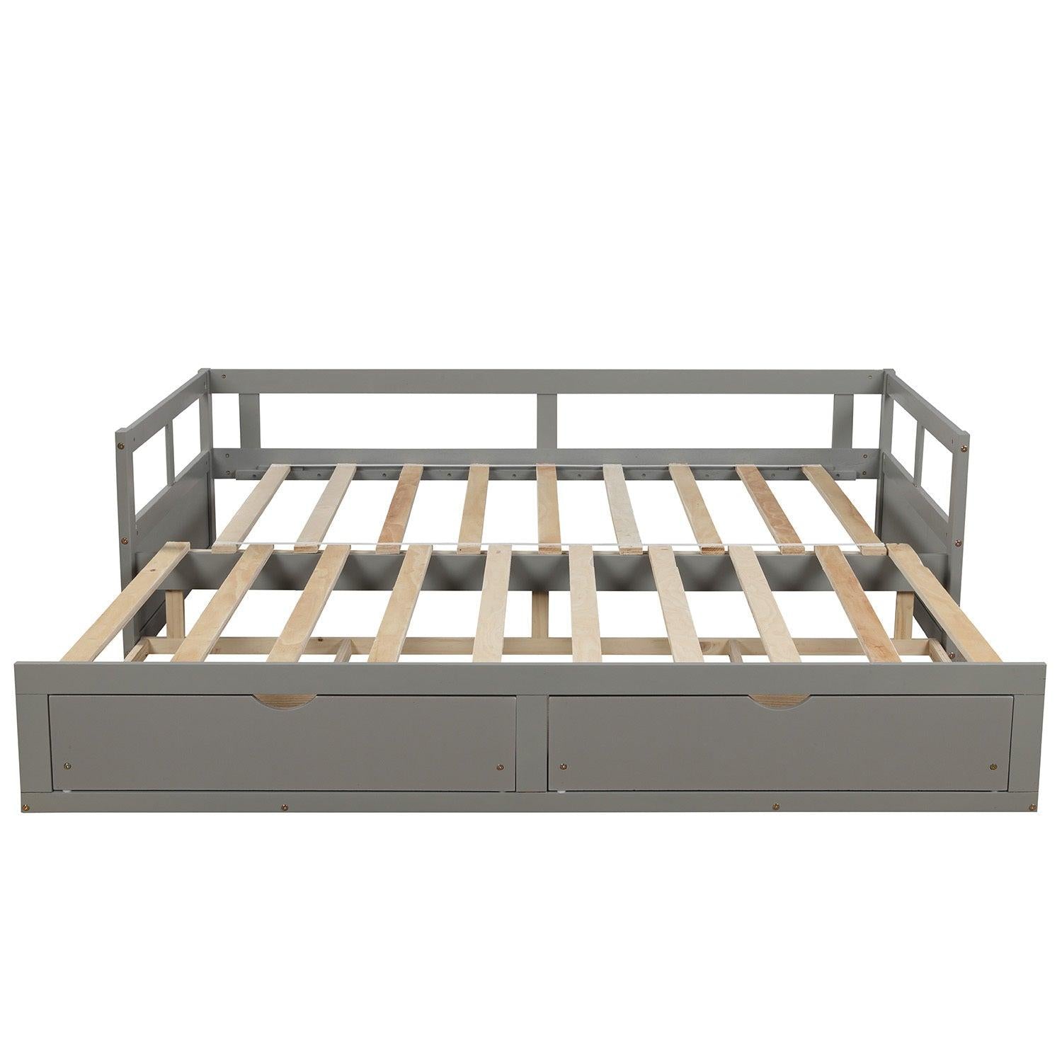 Wooden Daybed with Trundle Bed and TwoStorage Drawers , Extendable Bed Daybed,Sofa Bed for Bedroom Living Room, Gray