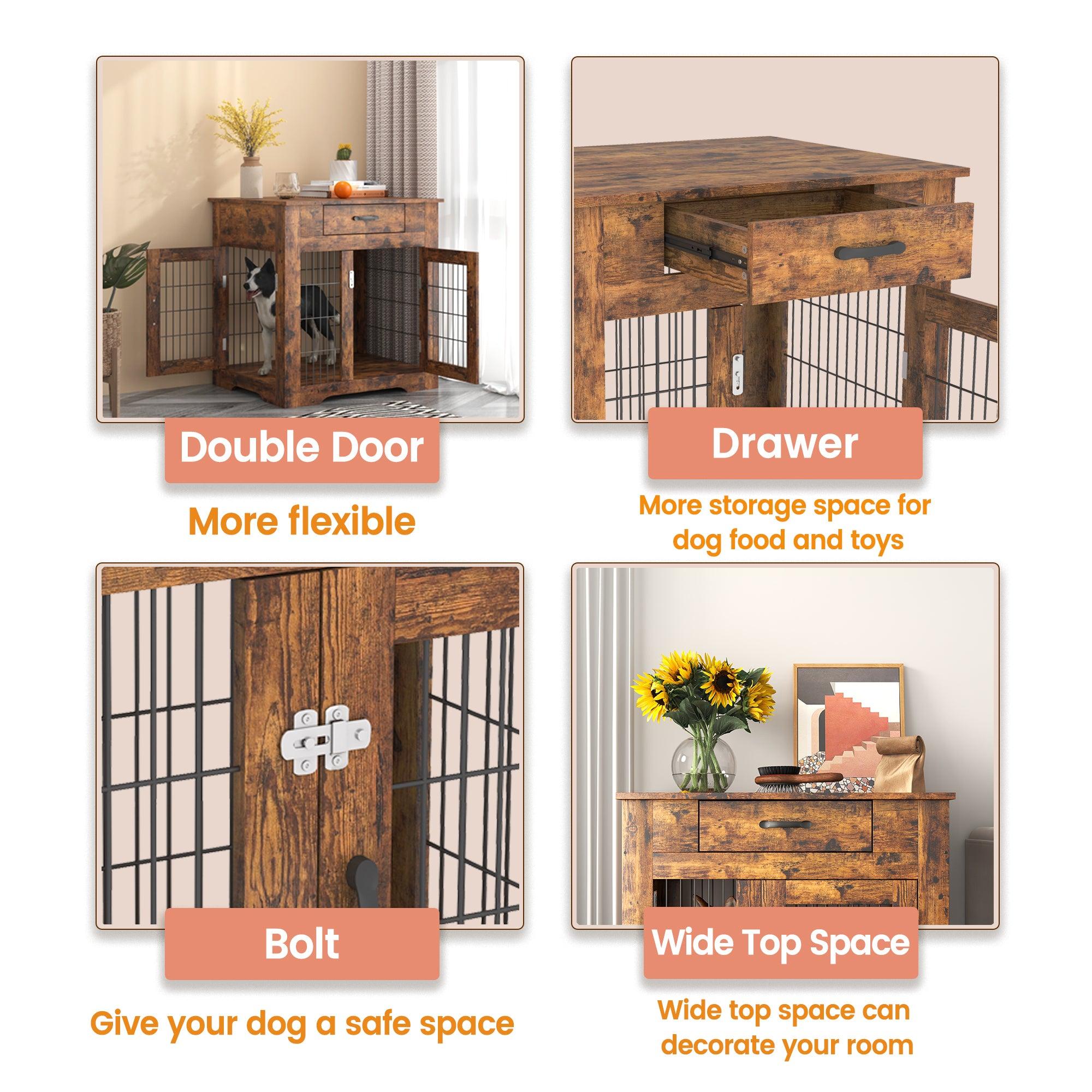 Furniture Style Dog Crate End Table with Drawer, Pet Kennels with Double Doors , Dog House Indoor Use, （Rustic Brown，29.92”w x 24.80”d x 30.71”h）