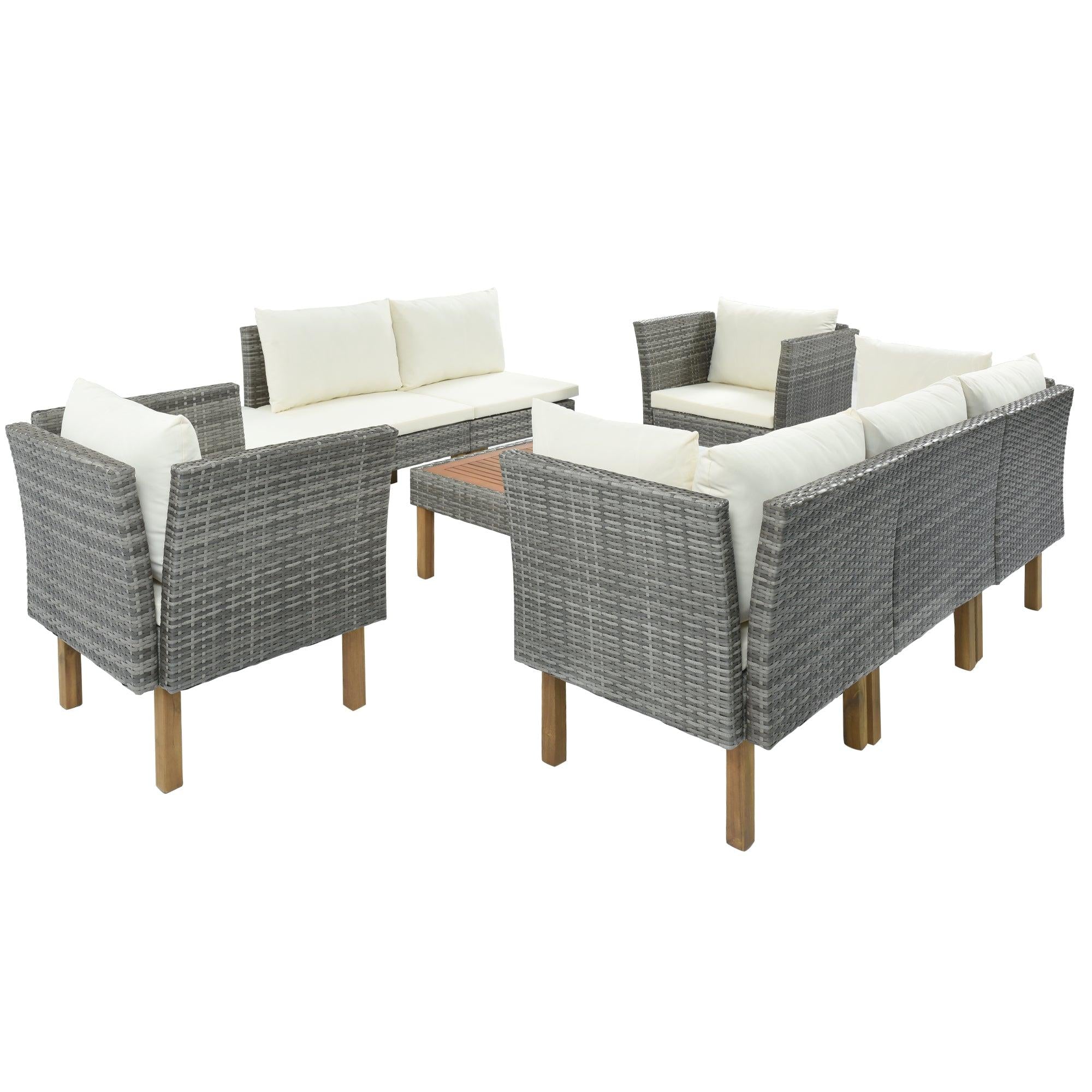 9-Piece Outdoor Patio Garden Wicker Sofa Set, Gray PE Rattan Sofa Set, with Wood Legs, Acacia Wood Tabletop, Armrest Chairs with Beige Cushions