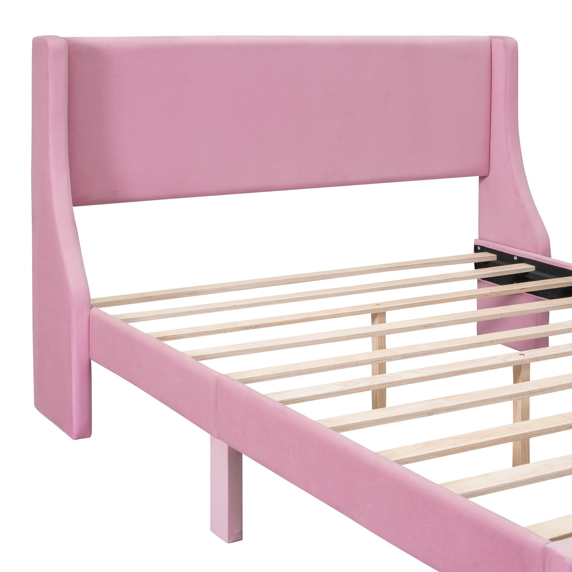 Queen SizeStorage Bed Velvet Upholstered Platform Bed with a Big Drawer - Pink