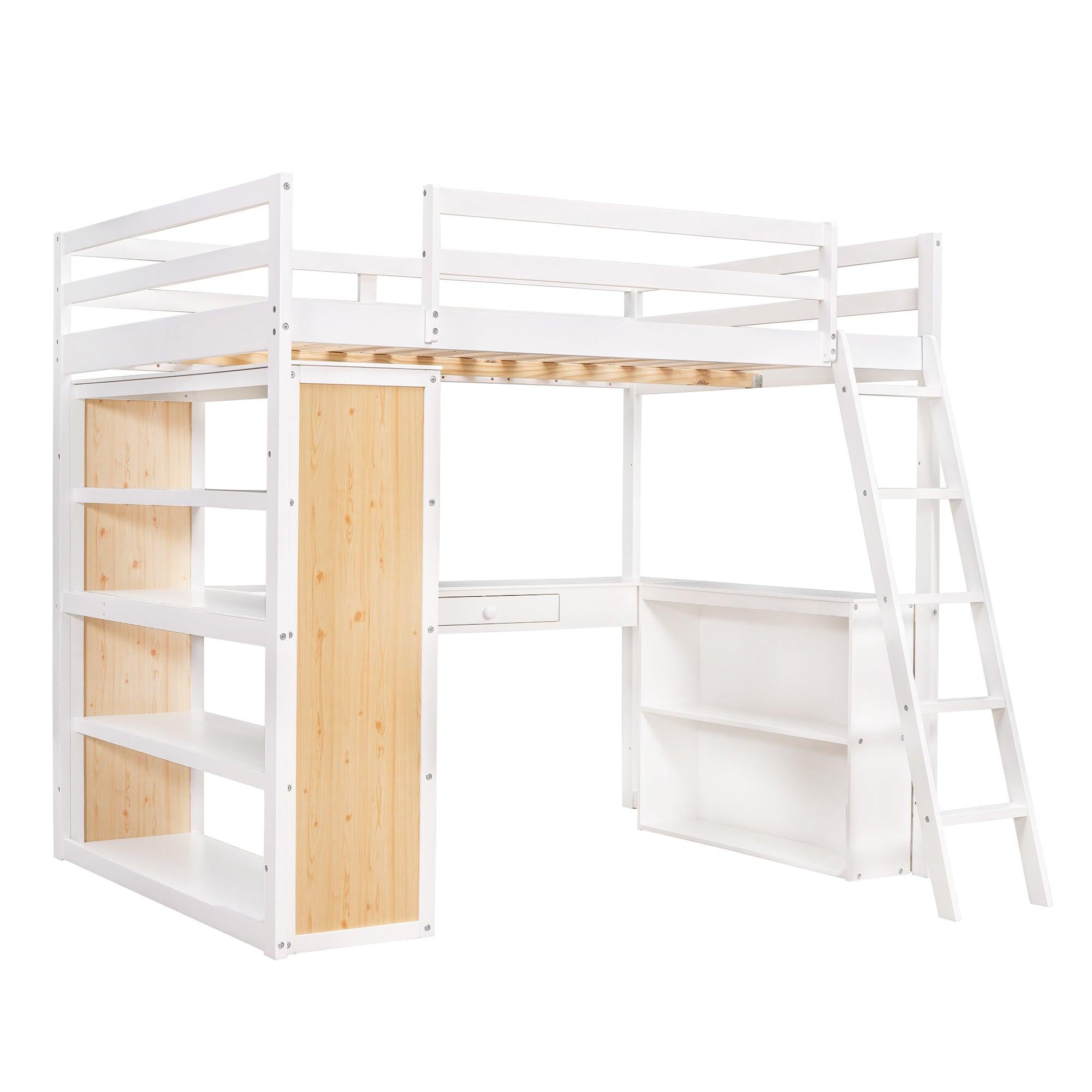 Full Size Loft Bed with Ladder, Shelves, and Desk, White