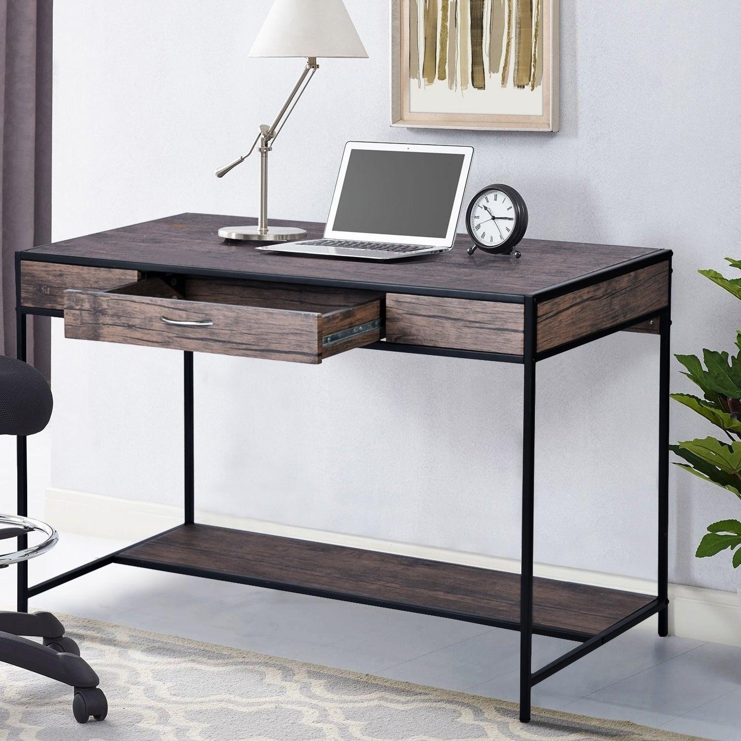 43.3"W x 21.6"D x 29.3"H Computer Desk with One Drawer, Walnut & Black