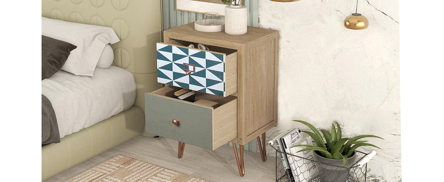 Wooden Nightstand with Two Drawer and Metal FeetModern Style Bedside Table (Natural)