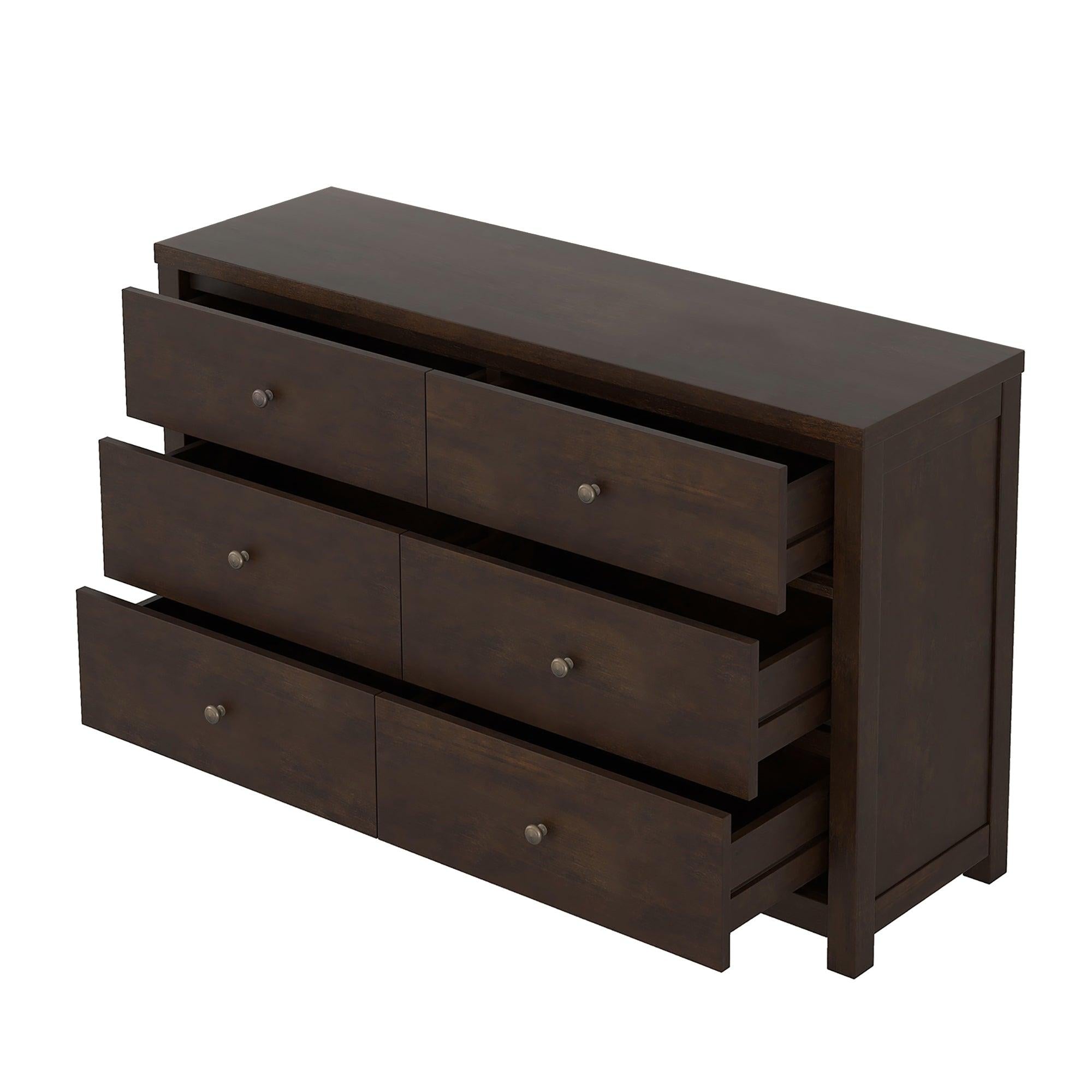 Vintage Aesthetic Solid Wood 6 Drawer Double Dressing Set in Rich Brown (Dresser + Mirror)