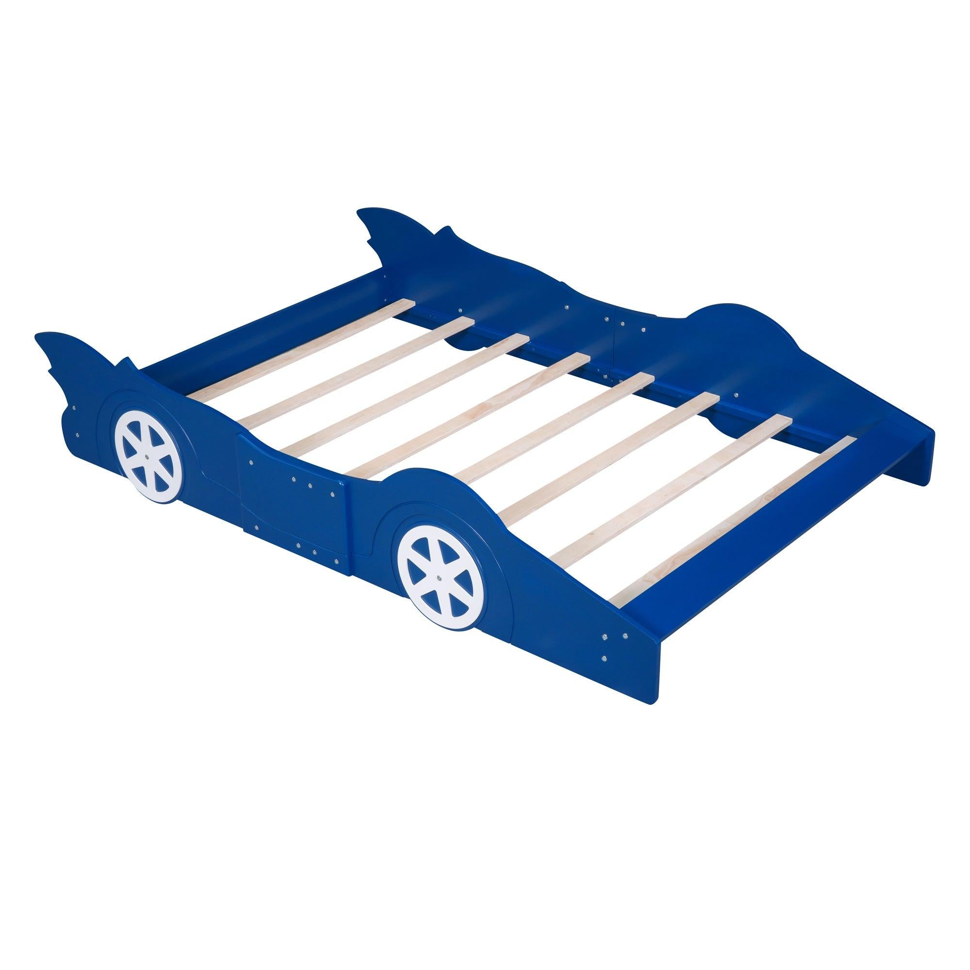 Full Size Race Car-Shaped Platform Bed with Wheels,Blue