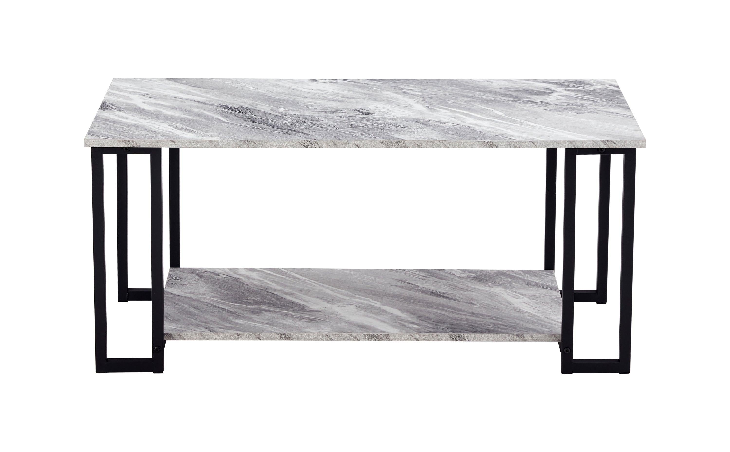 Coffee Table, 2 Layers 1.5cm Thick Marble MDF Rectangle 39.37" L Tabletop Iron Coffee Table , Dining Room,  GREY Top, BLACK Leg