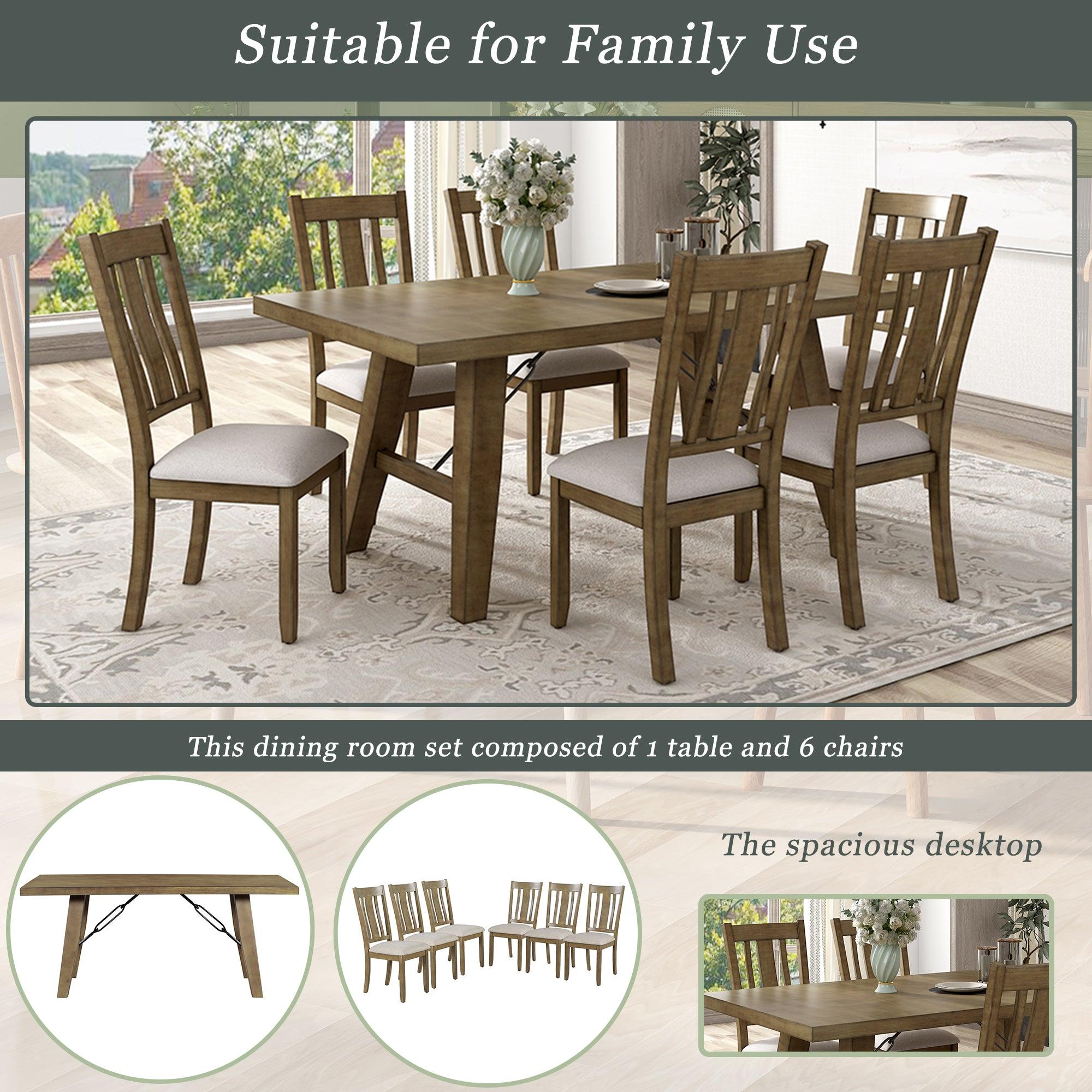 7-Piece Dining Room Set - 72" Industrial Style Rectangular Table with Chain Bracket and 6 Dining Chairs (Natural Walnut)