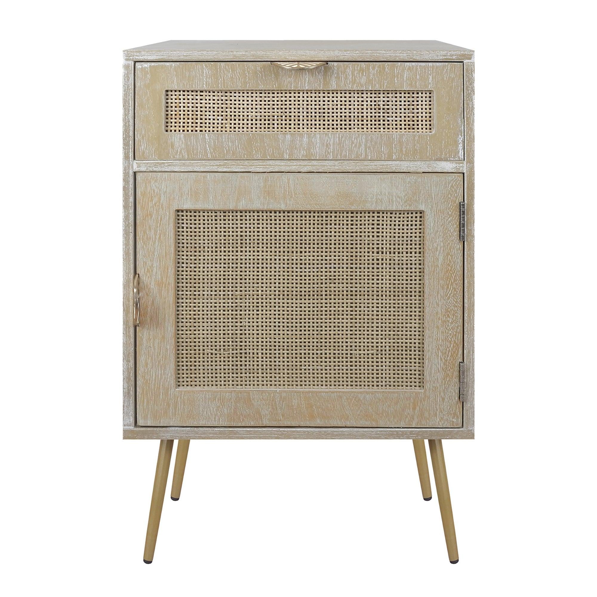 Wooden Nightstand with Rattan Panel,One Drawer ,One Cabinet and Metal Feet  Bedside Table (Natural)