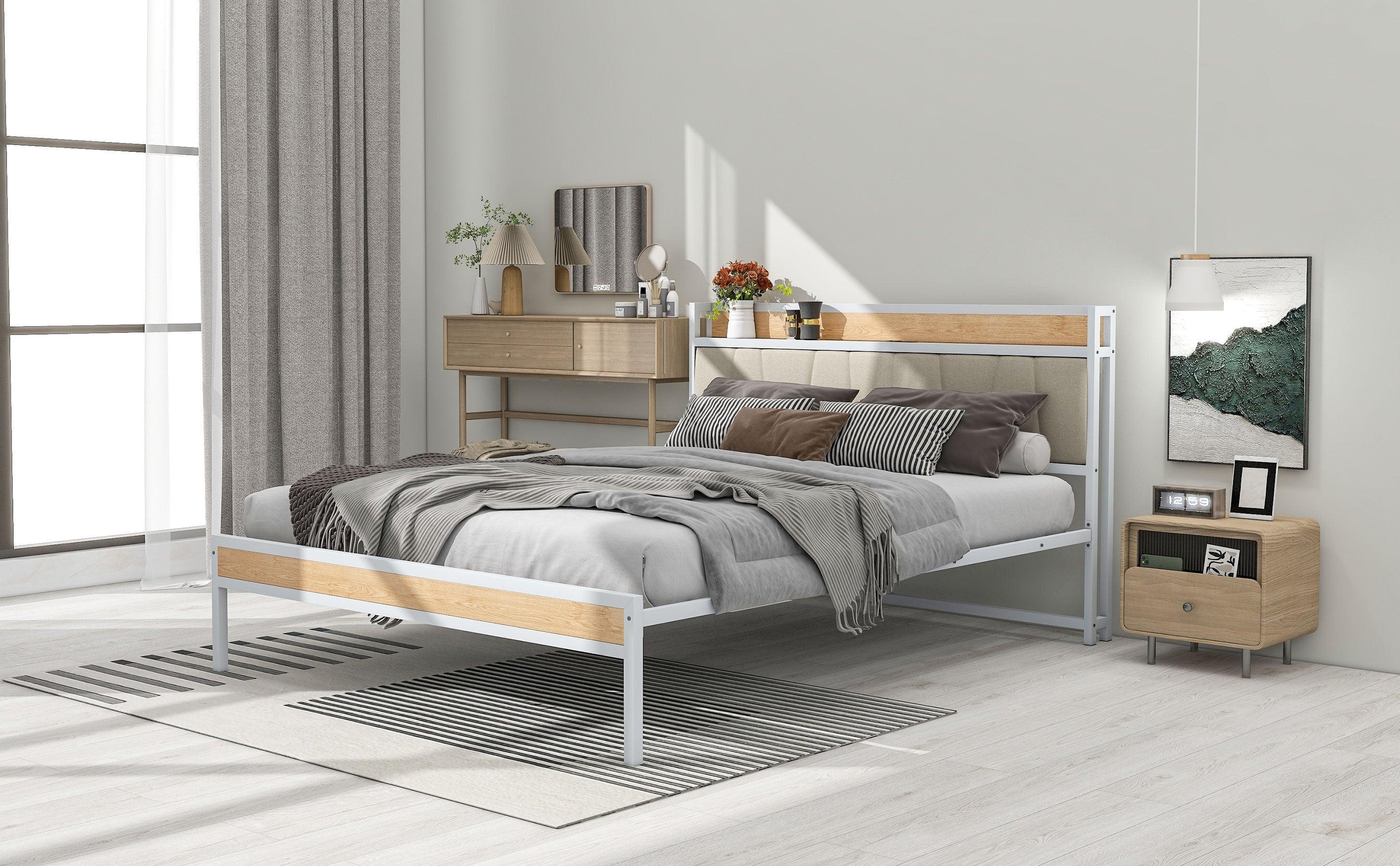 Queen Size Metal Platform Bed Frame with Upholstered headboard ，Sockets, USB Ports and Slat Support ,No Box Spring Needed，White