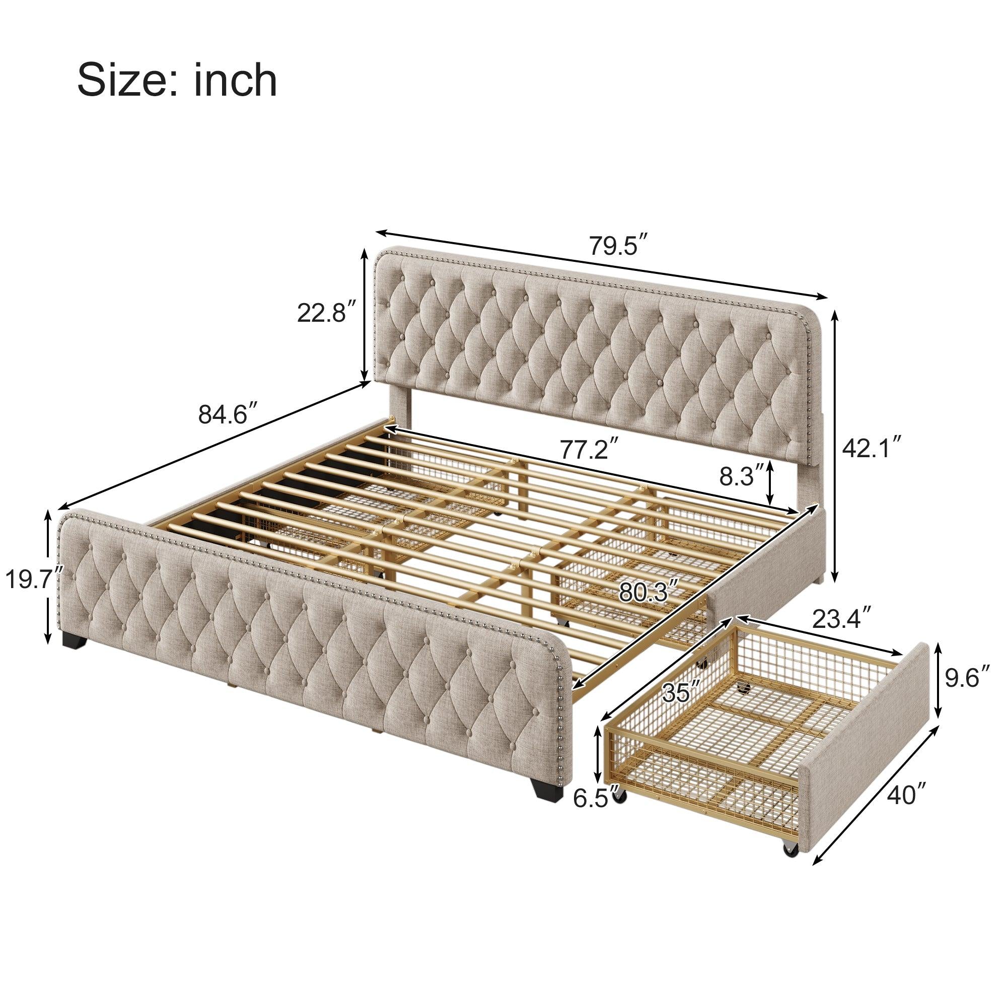 Upholstered Platform Bed Frame with Four Drawers, Button Tufted Headboard and Footboard Sturdy Metal Support, No Box Spring Required, Beige, King