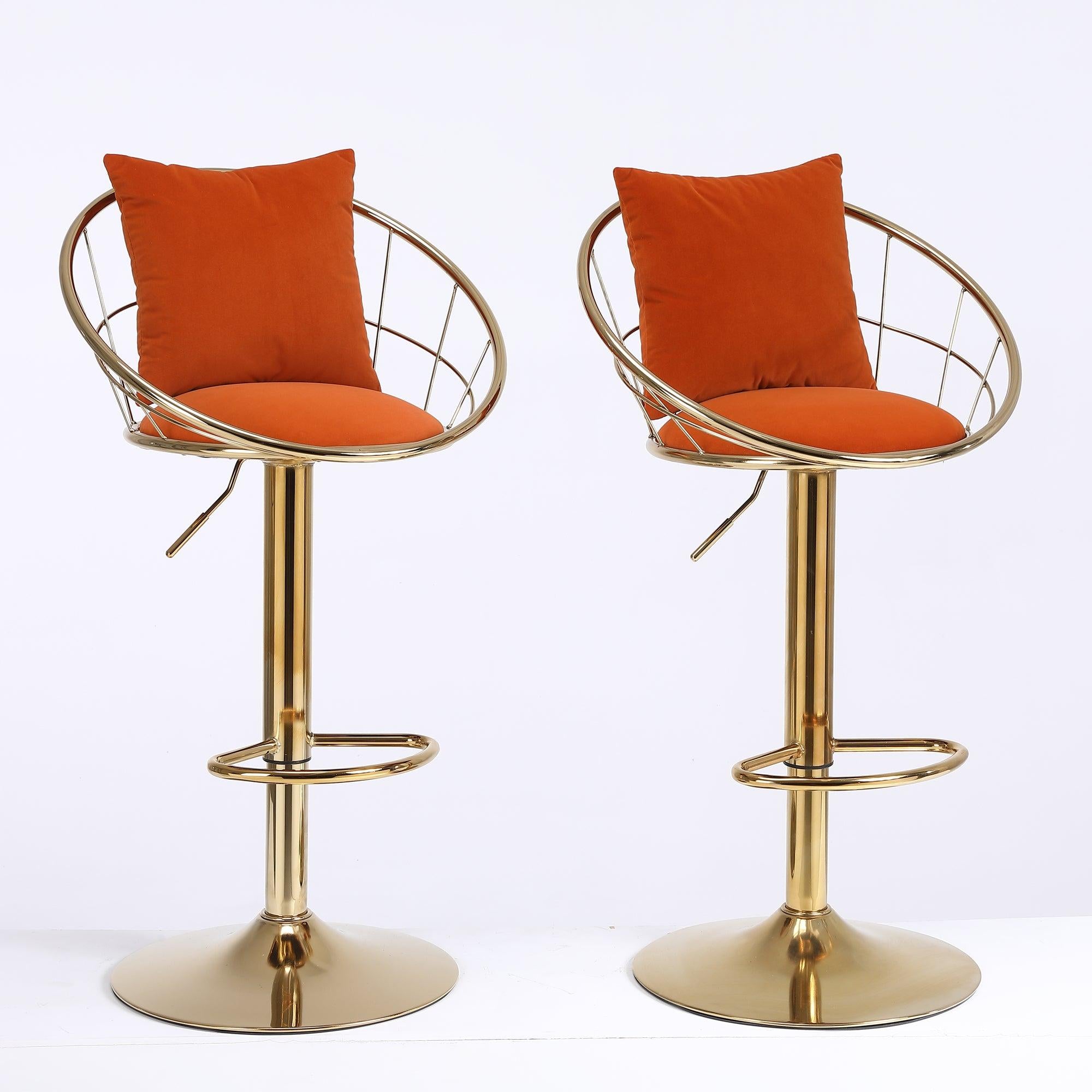 Orange velvet bar chair, pure gold plated, unique design，360 degree rotation, adjustable height，Suitable for dinning room and bar，set of 2