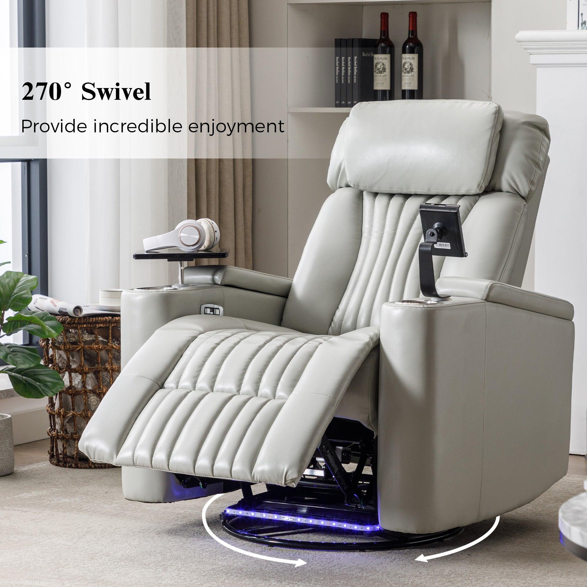 270° Power Swivel Recliner,Home Theater Seating With Hidden ArmStorage and  LED Light Strip,Cup Holder,360° Swivel Tray Table,and Cell Phone Holder,Soft Living Room Chair,Grey